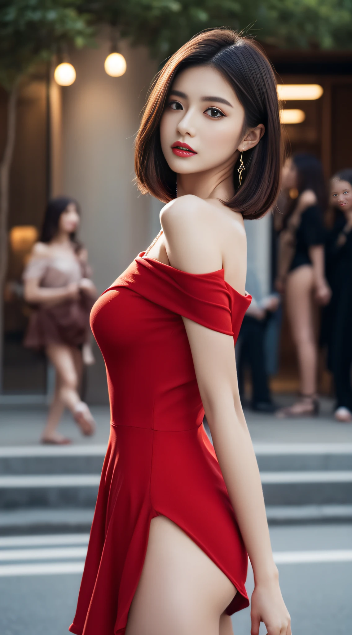 The 8k quality、Top image quality、超A high resolution、masterpiece、Photorealsitic、1 girl in、tense look、Trendy makeup、bob cuts、(((Red off-the-shoulder dress)))、A sexy、ciinematic light、The protagonist、the chaos、Super Slender、g-cup、((Do not wear underwear))、in a crowd of people、Number of people who are about to be crushed、Dynamism、a necklace、Magazine covers、Focus only on the main character、The best looks in the world、