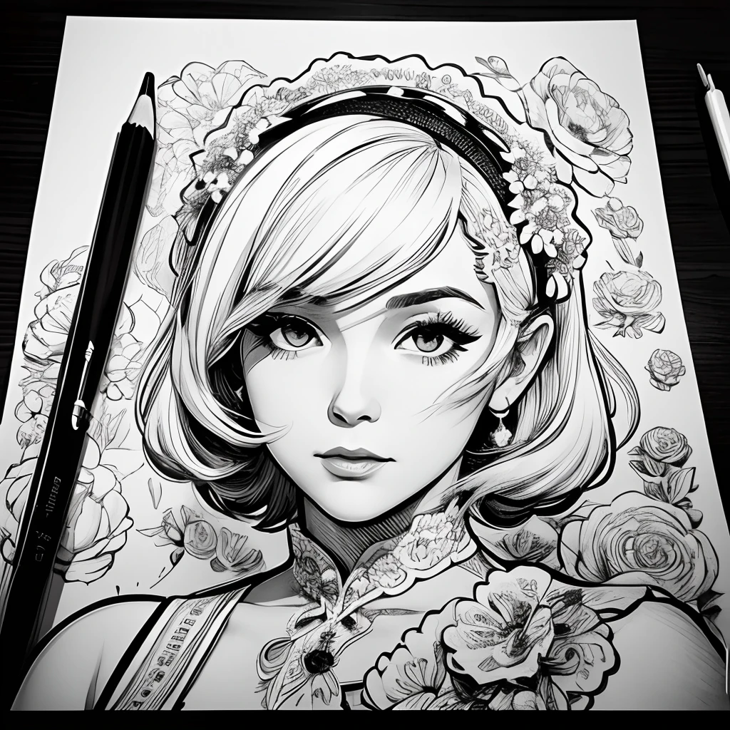 Black and white stick figure 1 girl with carnations flower in background, loli in dress with flowers, its fine ink line art, comic style, portrait of ploynesian girl, Marilyn Munroe, Hollywood glam, beautiful line art, black and white comic style, manga style, manga art style, pencil and ink caricature drawing, black and white coloring