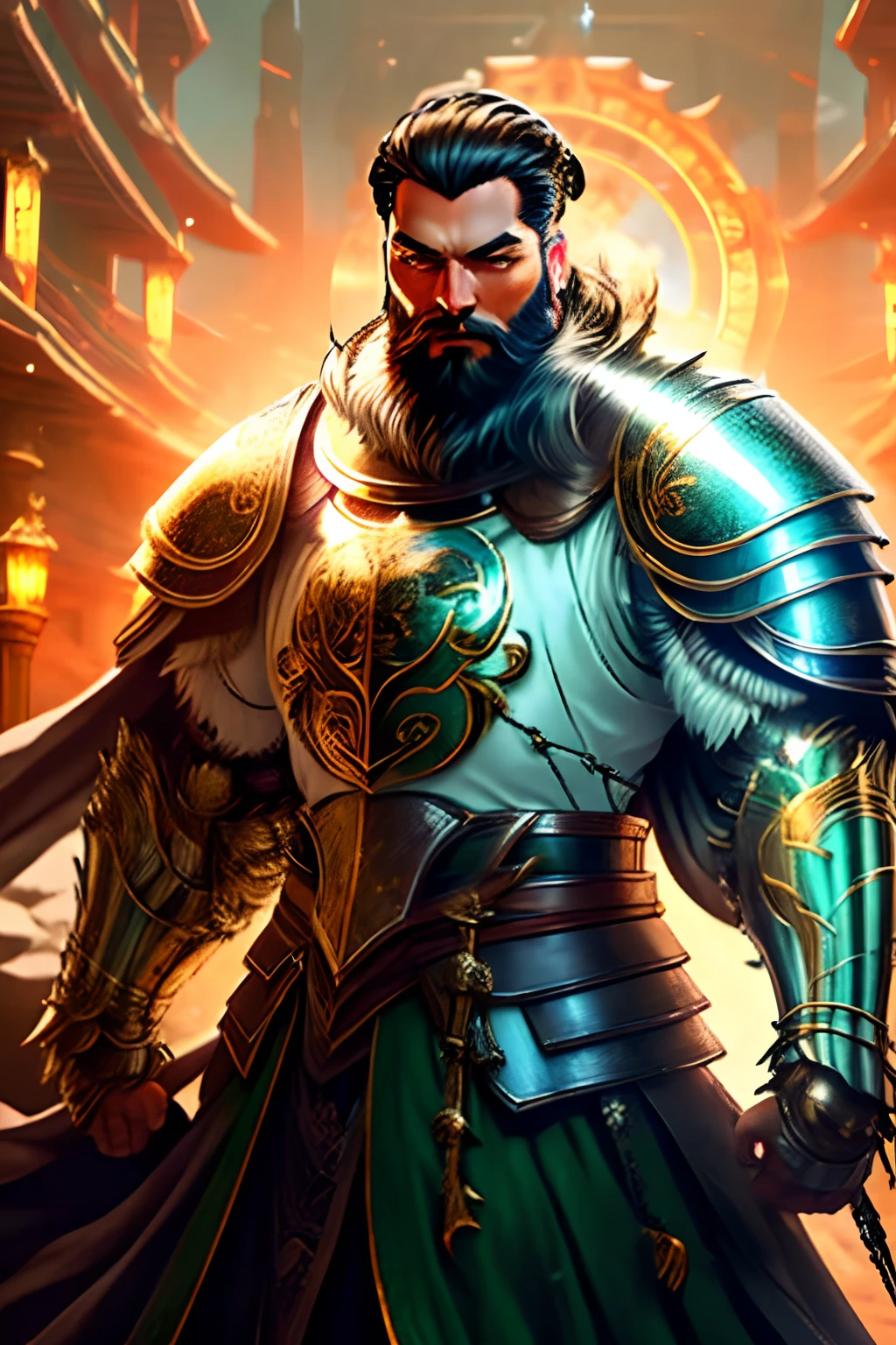 best quality, masterpiece, highres, extremely detailed woman, solo, posing, sharp focus, colosseum, cinematic lighting, Royal Knight, masterpiece illustration, intricately detailed, solo, upper body, 1woman, adeptus astartes, blonde short hair, slicked back, fore head, wrinkles, pale skin, thick eyebrow, green eyes, detailed eyes, beard, detailed face, masculine, fur collar, elegant dark green power armor, star shaped ring behind head, lion logo on chest plate armor, lion shaped shoulder armor, cross insignia pauldron, robe, cape, beautiful and intricately detailed dark green power armor, --auto