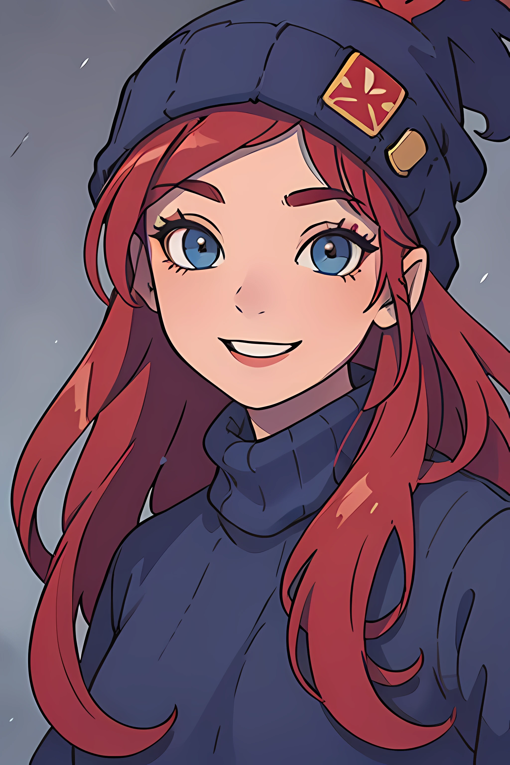 masterpiece, 4k, detailed, dark, gloomy, close up, close portrait, bright colors 1girl, a beuatiful woman with long red hair in a beanie, blue sweater, smiling, happy