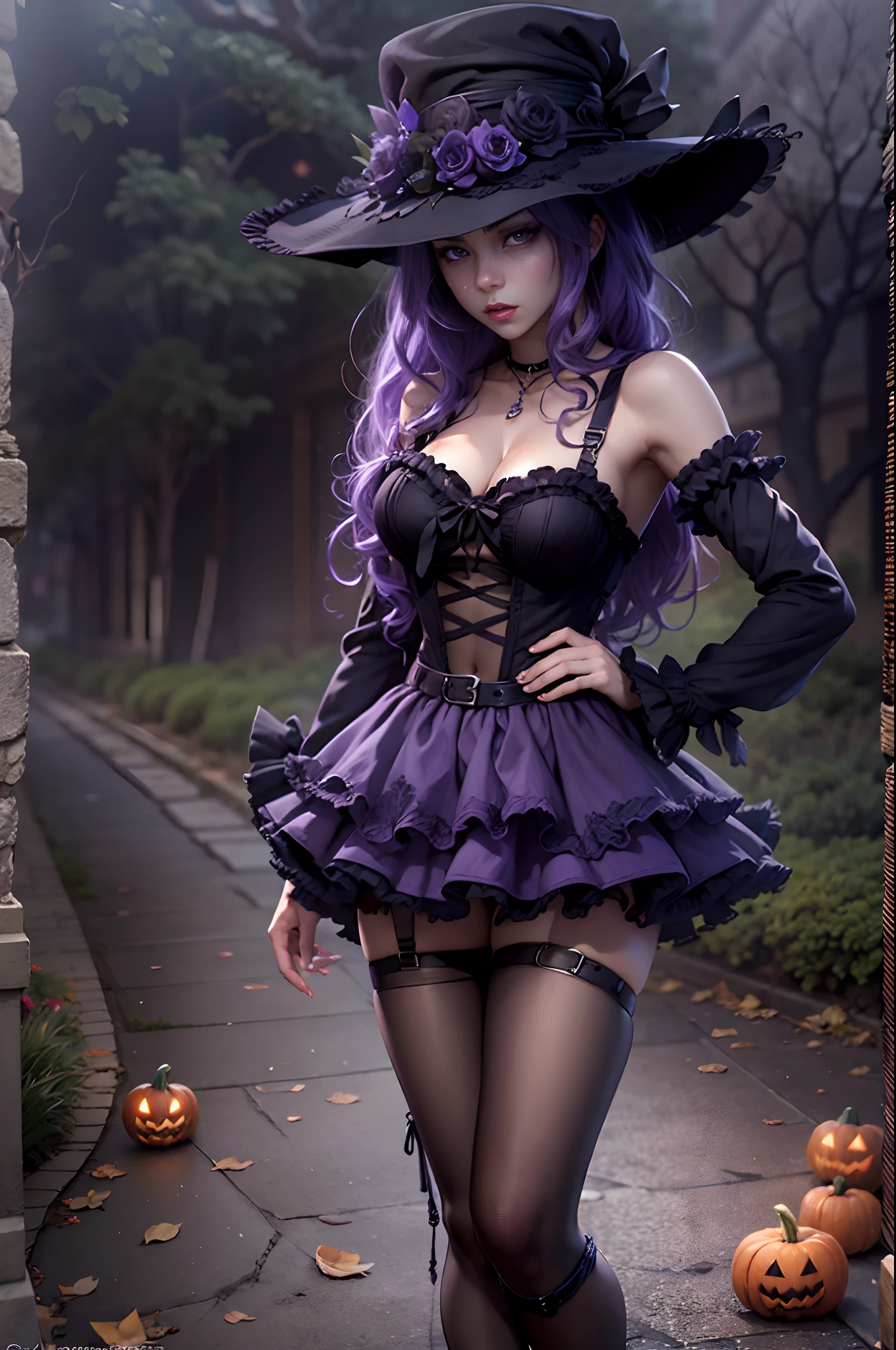 (obra maestra) (La mejor calidad) (Cara perfecta) en un bonito estilo anime. Una joven divertida y aterradoramente linda disfrazada de bruja en Halloween. Lleva un sombrero largo y una escoba vieja, a black harness and a frilly skirt. Ella se para en una calle por la noche con una burla, evil expression. La calle es oscura pero hay luces ornamentales que dan un aspecto siniestro y aterrador al lugar.. A little purple. Motor irreal. Luis Royo Style. Arte 3D ((pechos grandes)) (cuerpo fitness)