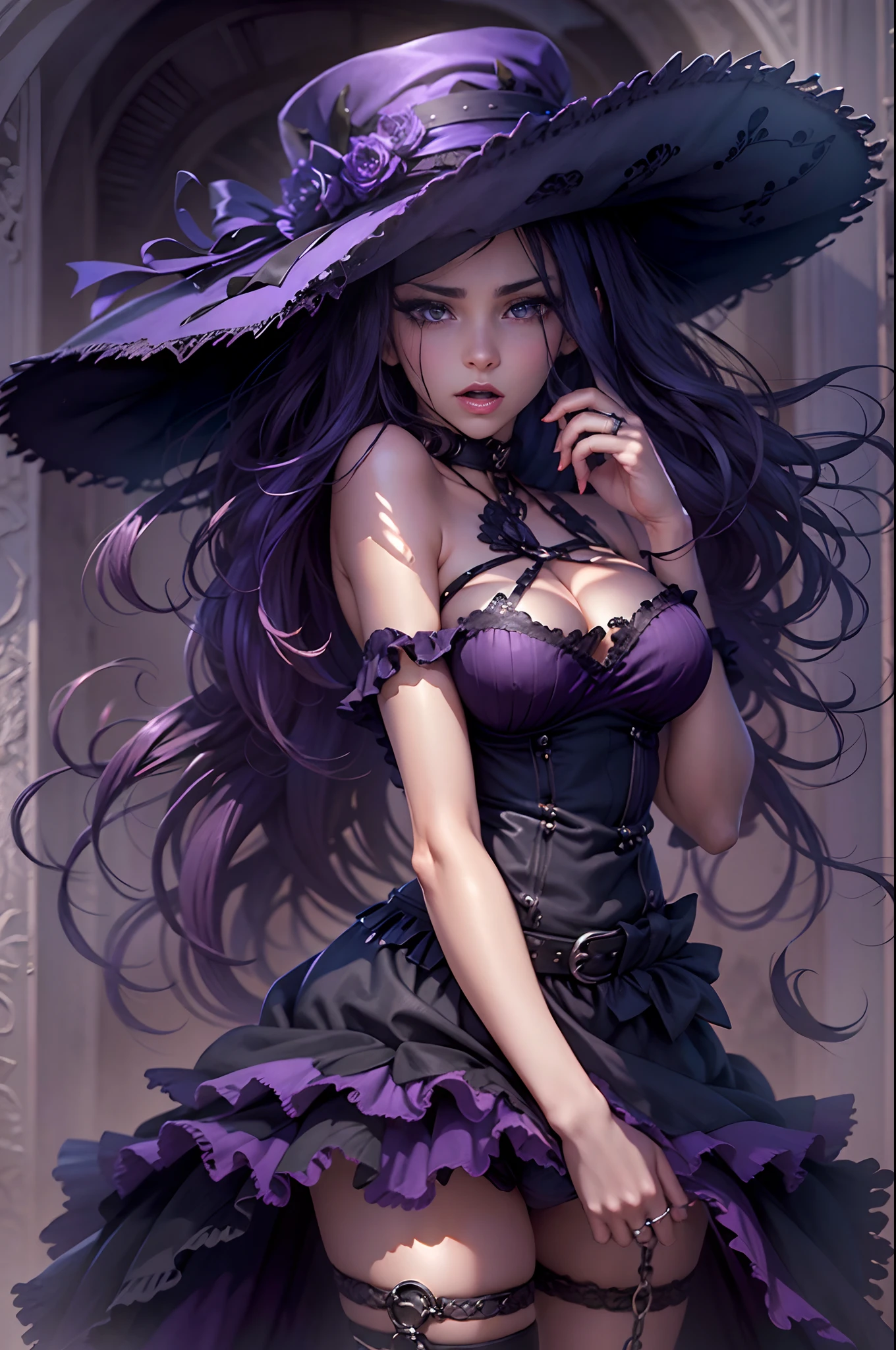 (obra maestra) (La mejor calidad) (Cara perfecta) en un bonito estilo anime. Una joven divertida y aterradoramente linda disfrazada de bruja en Halloween. Lleva un sombrero largo y una escoba vieja, a black harness and a frilly skirt. Ella se para en una calle por la noche con una burla, evil expression. La calle es oscura pero hay luces ornamentales que dan un aspecto siniestro y aterrador al lugar.. A little purple. Motor irreal. Luis Royo Style. Arte 3D ((pechos grandes)) (cuerpo fitness)