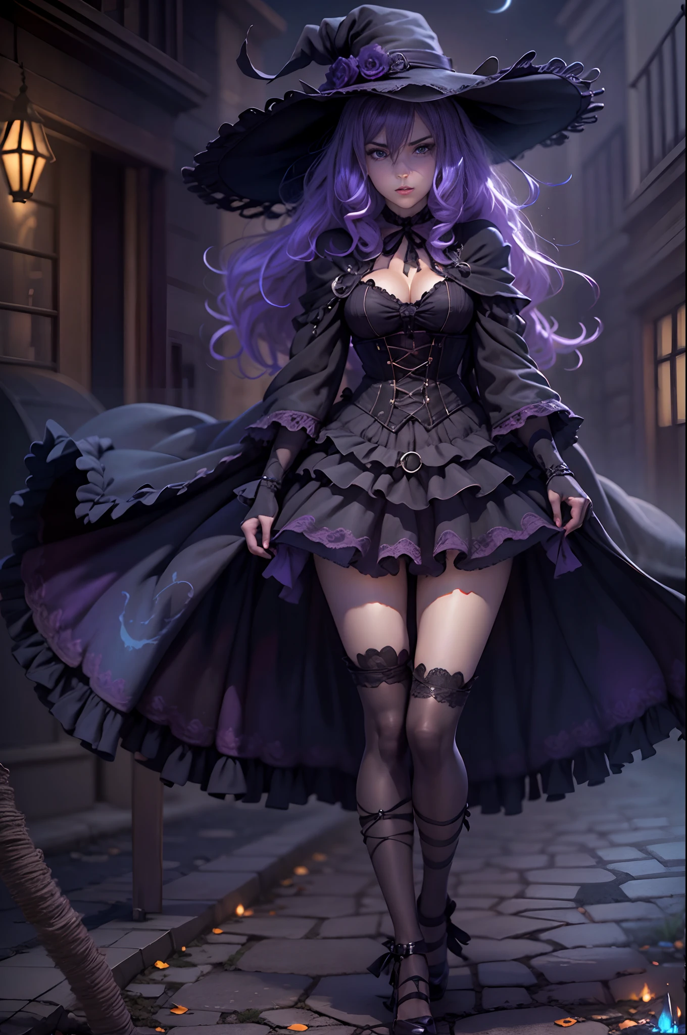 (obra maestra) (La mejor calidad) (Cara perfecta) en un bonito estilo anime. Una joven divertida y aterradoramente linda disfrazada de bruja en Halloween. Lleva un sombrero largo y una escoba vieja, a black harness and a frilly skirt. Ella se para en una calle por la noche con una burla, evil expression. La calle es oscura pero hay luces ornamentales que dan un aspecto siniestro y aterrador al lugar.. A little purple. Motor irreal. Luis Royo Style. Arte 3D ((pechos grandes)) (cuerpo fitness)