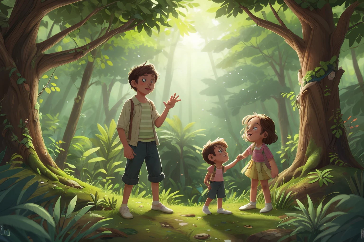 Create two characters who are brother, Lucas e Sofia que vivem em uma cidade chamada Harmonia, They explored a forest behind their house, found a bright crack in the trunk of a tree. Curiosos, tocaram nela, and suddenly they were transported to a magical land