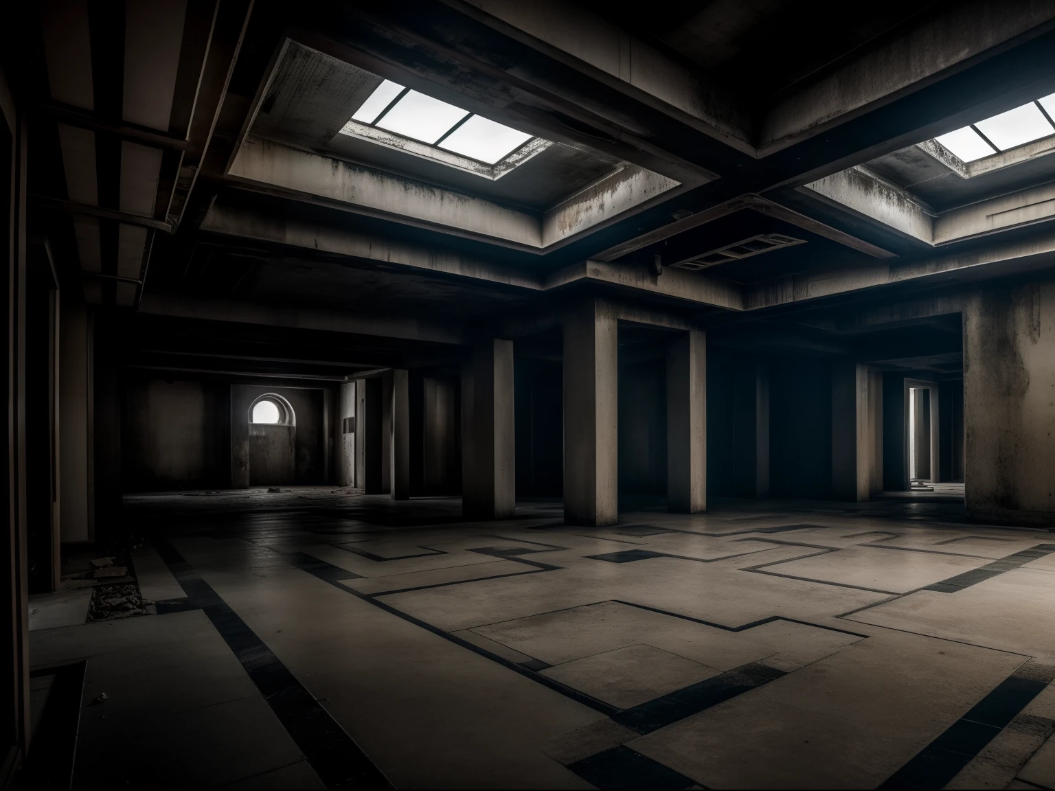 a liminar place, gloomy ambience, abandoned, backrooms, dirty, brutalist architecture, tension, nostalgic, giant, labyrinth
