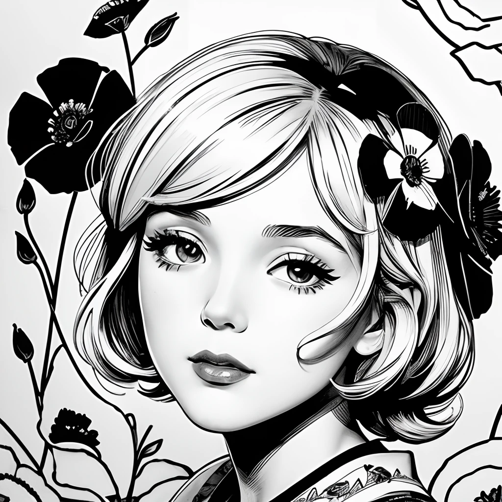 Black and white stick figure 1 girl with poppies flower in background, loli in dress with flowers, its fine ink line art, comic style, portrait of ploynesian girl, Marilyn Munroe, Hollywood glam, beautiful line art, black and white comic style, manga style, manga art style, pencil and ink caricature drawing, black and white coloring