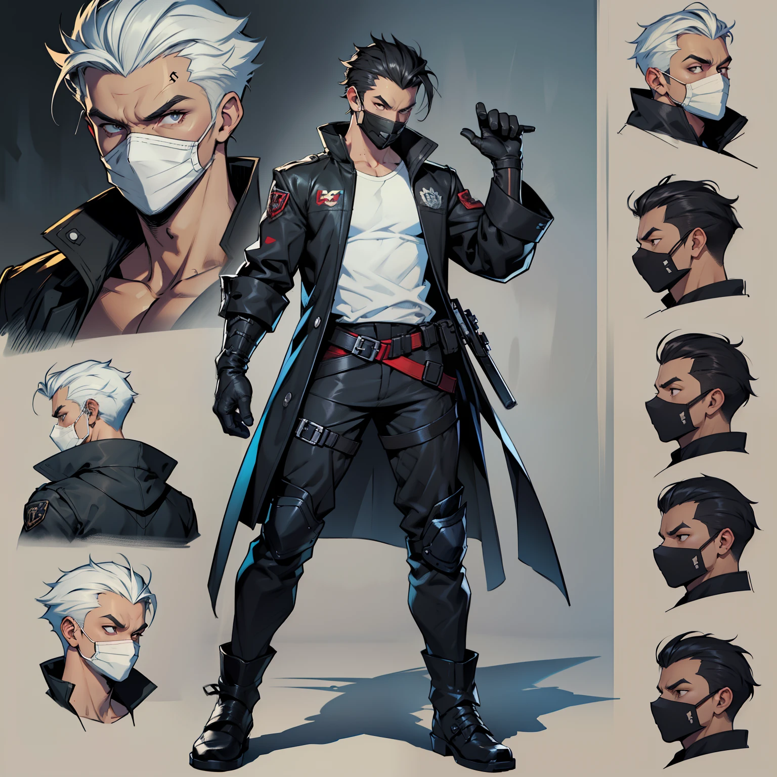 Close-up of a man in a pistol costume, ((character concept art)), ((Character design sheet, same character, on front, from on the side, At the back)) Character image, Video game character design, Video game character design, Men's hair is black and pushed back , Age: youth, eyecolor: red ,He wears black gloves on his hands, Wears special boots , wears a black jacket and white T-shirt , HAVE A BLACK MASK IN HIS MOUTH , ( BLACK CLOTHMASK ) , ((character design sheet, same character, front, side, back))