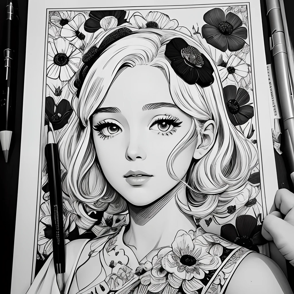 Black and white stick figure 1 girl with poppies flower in background, loli in dress with flowers, its fine ink line art, comic style, portrait of ploynesian girl, Marilyn Munroe, Hollywood glam, beautiful line art, black and white comic style, manga style, manga art style, pencil and ink caricature drawing, black and white coloring