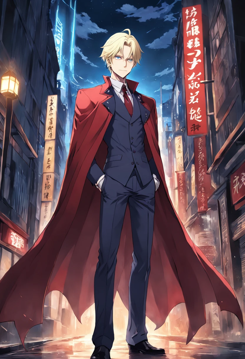 anime character dressed in a suit and cape with a red cape, johan liebert mixed with alucard, official character art, handsome anime pose, johan liebert mixed with dante, official art, anime handsome man, tall anime guy with blue eyes, handsome guy, johan liebert, official character illustration, male anime character, joe biden as an anime villain, detective, fullbody size,side perspective