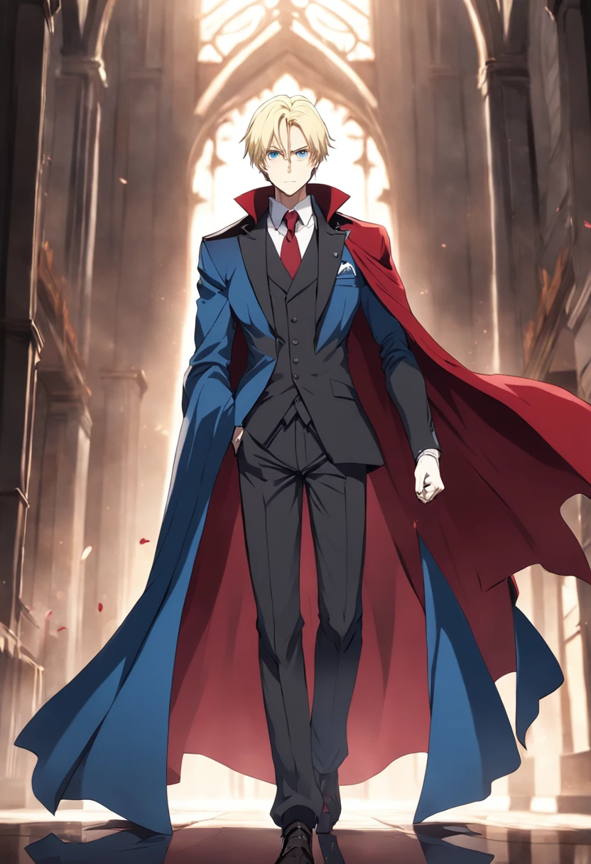 anime character dressed in a suit and cape with a red cape, johan liebert mixed with alucard, official character art, handsome anime pose, johan liebert mixed with dante, official art, anime handsome man, tall anime guy with blue eyes, handsome guy, johan liebert, official character illustration, male anime character, joe biden as an anime villain, detective,  fullbody size,side perspective