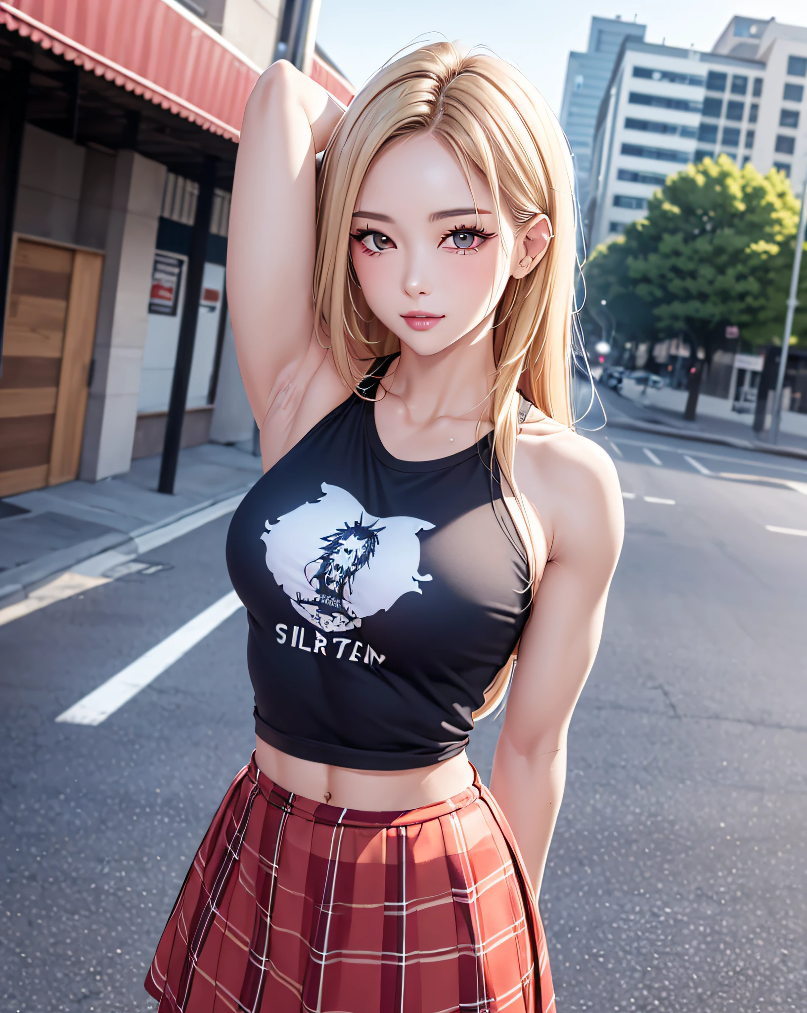 (1female body builder:1.37), masterpiece, best quality, illustration, ultra-detailed, finely detail, highres, 8k wallpaper, perfect dynamic composition, beautiful detailed eyes, natural lip, (((wearing a Punk-T-shirt:1.37, plaid pattern skirt:1.3))), medium breasts:1.25, lovely look:1.3, white skin, pale skin, oily skin:1.3, shiny skin, Caucasian, shiny-blonde thin hair, side-under-cut-hair-style, clean armpit, cityscape, sunset,