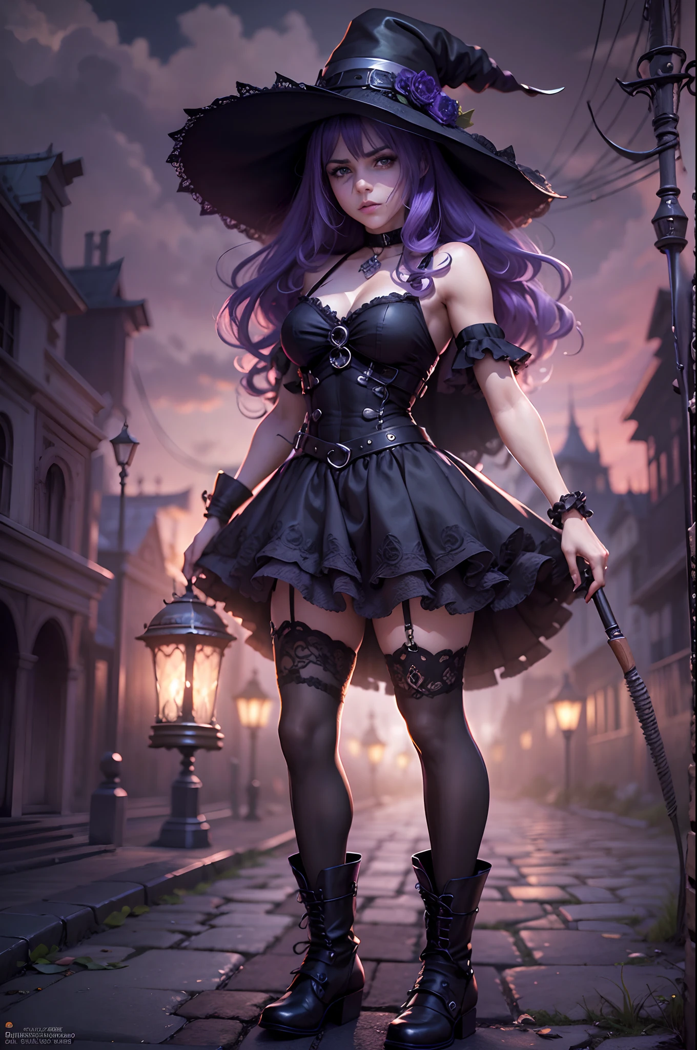 (obra maestra) (La mejor calidad) (Cara perfecta) en un bonito estilo anime. Una joven divertida y aterradoramente linda disfrazada de bruja en Halloween. Lleva un sombrero largo y una escoba vieja, a black harness and a frilly skirt. Ella se para en una calle por la noche con una burla, evil expression. La calle es oscura pero hay luces ornamentales que dan un aspecto siniestro y aterrador al lugar.. A little purple. Motor irreal. Luis Royo Style. Arte 3D ((pechos grandes)) (cuerpo fitness)