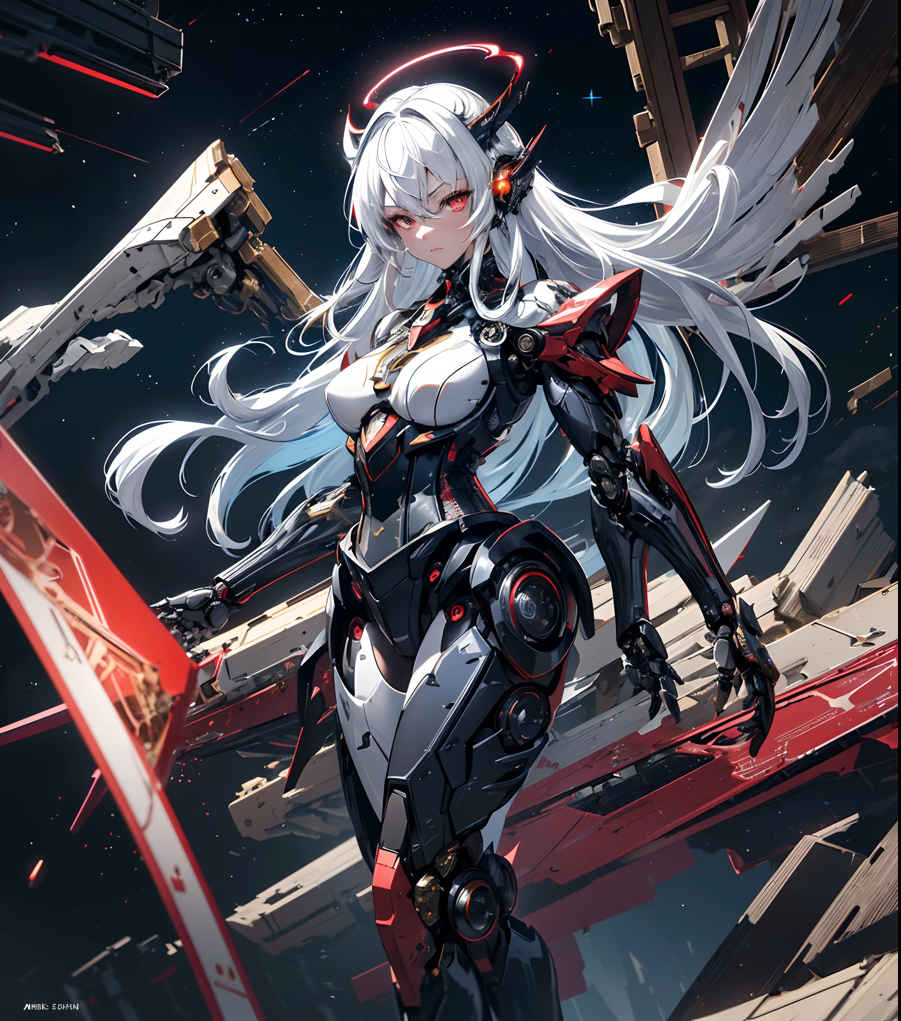 1 girl,mature girl,kiana kaslana,Herrchel of Flame,Honkai Impact,white hair,shiny hair,beautiful long hair,beautiful eyes, high quality,beautiful,mecha,valkyrie,hyper,masterpiece,mecha armor,massive breasts,big ass,perfect body, nice body, curvy,armor,hyper quality,high quality, perfect,high detailed eyes,high detailed face,valkyrie suit,machine,wings,fire guns,flame sword,magic,looking at viewer
