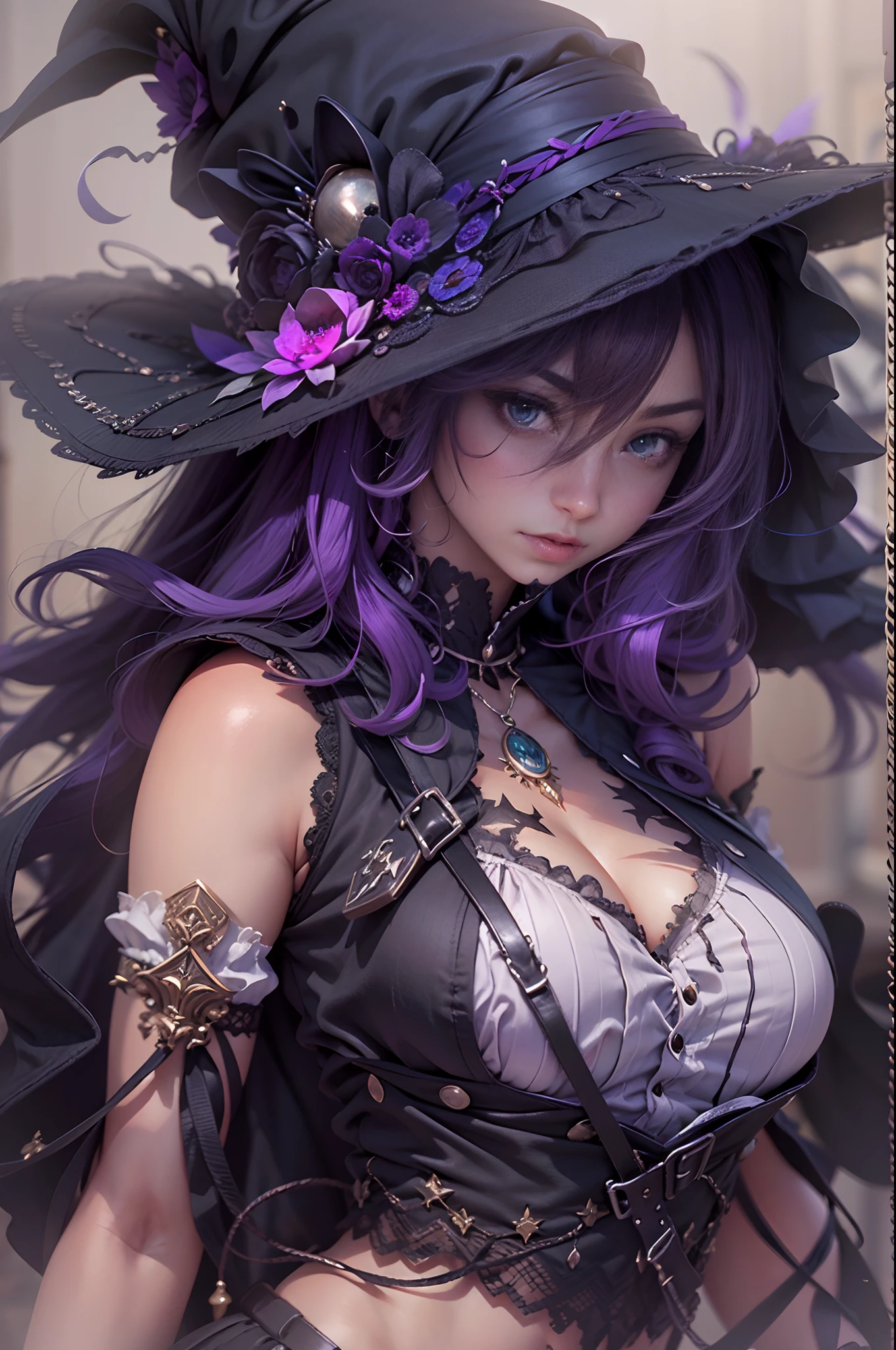 (obra maestra) (La mejor calidad) (Cara perfecta) en un bonito estilo anime. Una joven divertida y aterradoramente linda disfrazada de bruja en Halloween. Lleva un sombrero largo y una escoba vieja, a black harness and a frilly skirt. Ella se para en una calle por la noche con una burla, evil expression. La calle es oscura pero hay luces ornamentales que dan un aspecto siniestro y aterrador al lugar.. A little purple. Motor irreal. Luis Royo Style. Arte 3D ((pechos grandes)) (cuerpo fitness)