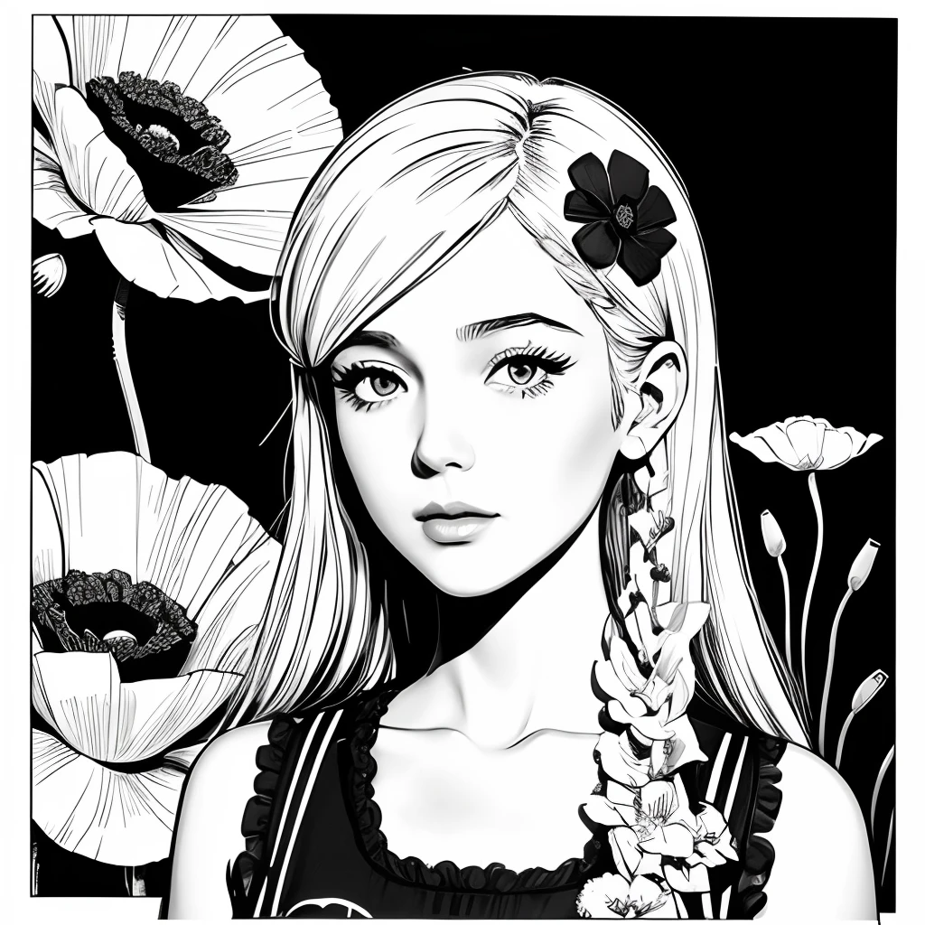 Black and white stick figure 1 girl with poppies flower in background, loli in dress with flowers, its fine ink line art, comic style, portrait of ploynesian girl, Marilyn Munroe, Hollywood glam, beautiful line art, black and white comic style, manga style, manga art style, pencil and ink caricature drawing, black and white coloring