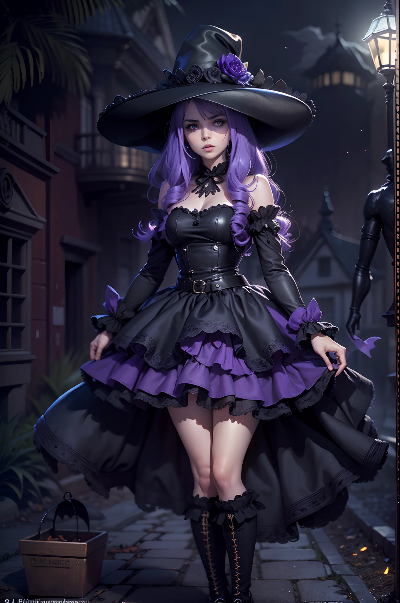 (obra maestra) (La mejor calidad) (Cara perfecta) en un bonito estilo anime. Una joven divertida y aterradoramente linda disfrazada de bruja en Halloween. Lleva un sombrero largo y una escoba vieja, a black harness and a frilly skirt. Ella se para en una calle por la noche con una burla, evil expression. La calle es oscura pero hay luces ornamentales que dan un aspecto siniestro y aterrador al lugar.. A little purple. Motor irreal. Luis Royo Style. Arte 3D ((pechos grandes)) (cuerpo fitness)