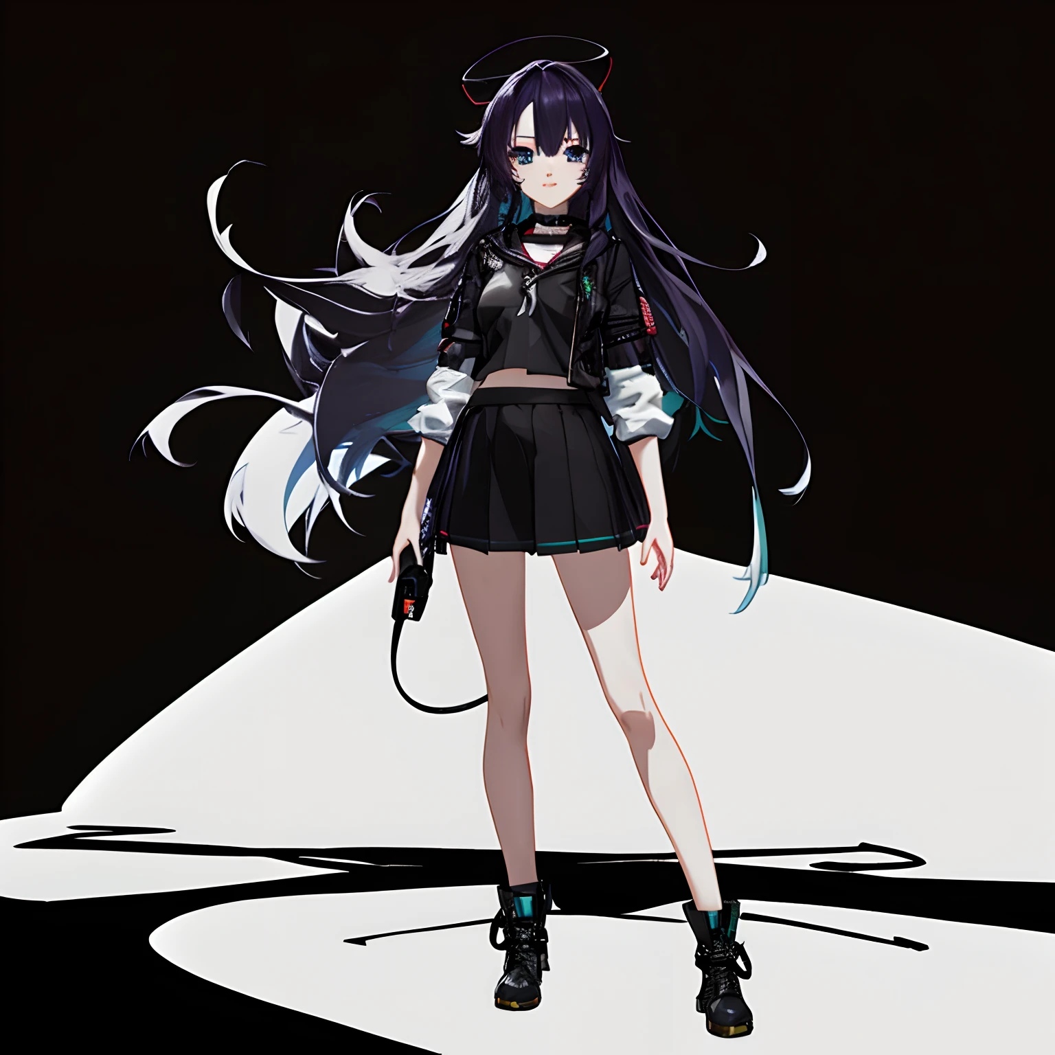 anime girl with long hair and a short skirt standing in front of a black background, live2d virtual youtuber model, anime vtuber full body model, anime style. 8k, anime styled 3d, visual novel sprite, render of a cute 3d anime girl, stylized anime, anime moe artstyle, single character full body, anime stylized