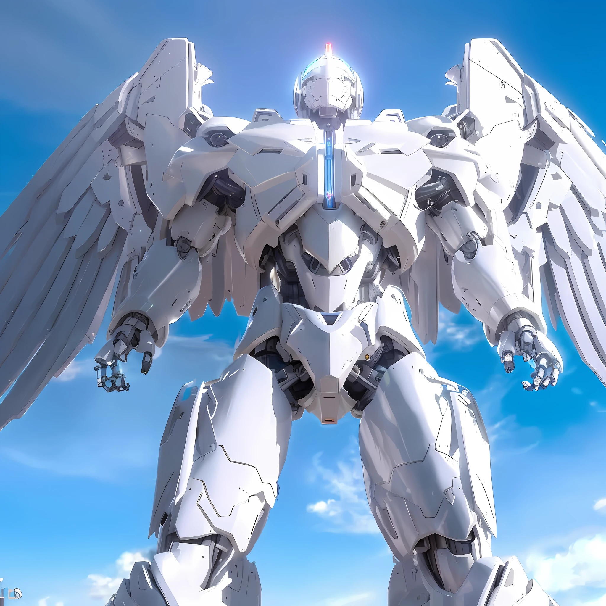 Alafe with wings and robot body standing on platform, futuristic robot angel, anime large mecha robot, detailed cosmic angelic robot, mech wings, Tremendous Mecha Robot, giant anime mecha, White Mecha, huge mecha robot, big mecha, anime robotic mixed with organic, anime robots, White Mechabot, futuristic Mecha robot