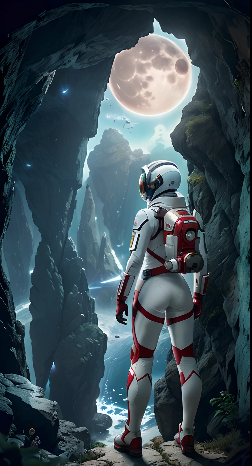 (female spaceshipman, woman in white and red spacesuit, futuristic helmet, colored face shield, rebreather, emphasized loot), outdoors, (leaning on a rocky edge, looking at advanced alien structures), (on a complex exotic alien planet: 0.6), toned body, big ass, (SF), (mounted), ( Highly detailed RAW color photo colors (1.1), (Lush vegetation), (Two Moons in the Sky: 0.8), (Very fine, very detailed, complex), (Lens flare: 0.7), (Bloom: 0.7), Particle effects, ray tracing, cinematic lighting, shallow depth of field, Sony a9 II, 24mm wide-angle lens, shot in A, Sharp Focus, Cinematic Film Still from Gravity 2013, View from the Back