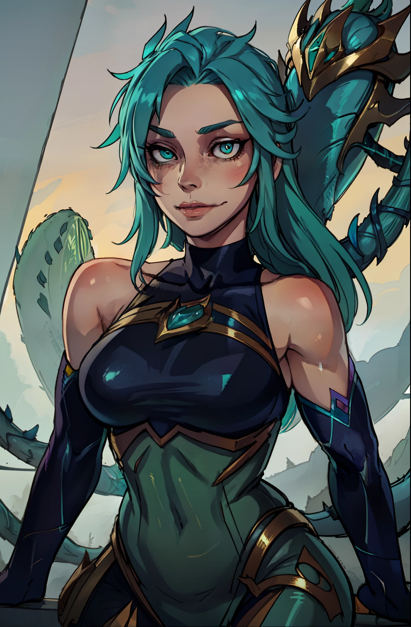 Tall girl, Slender_thights, aqua hair, 1girl, generous cleavage, Posing, detailed anatomy, the perfect body, Detailed body, detailed face, Beautiful eyes. lagoon dragon kai'sa, The BREAK is very detailed, Intricately detailed art, deviantart masterpiece, anime style, master piece, best quality, portrait, close up face