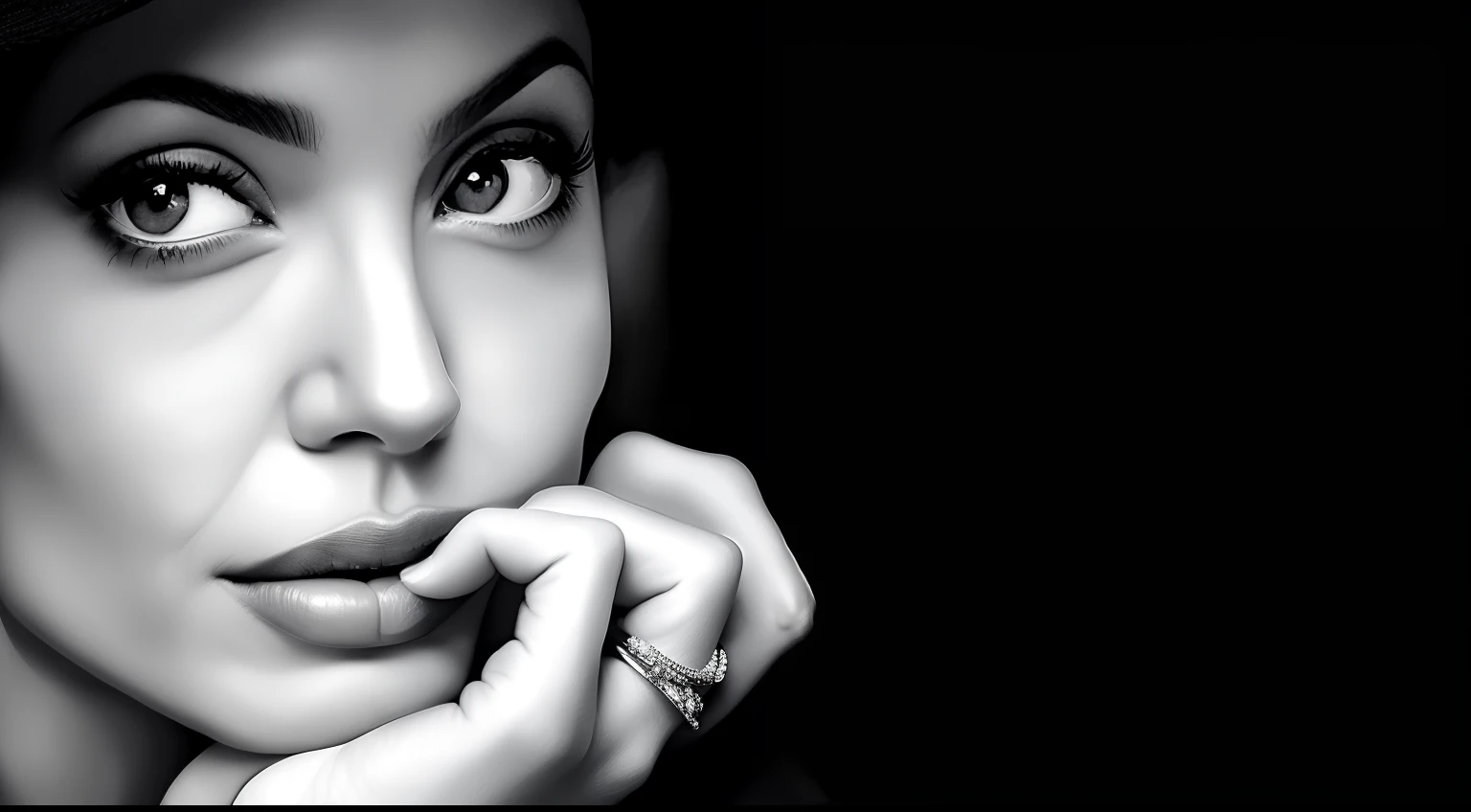 Arafed black and white photo of a woman with a hat and ring, Retrato de Angelina Jolie, muito linda Jolie Angelina, Nariz de Angelina Jolie, Retrato de Angelina Jolie, Retrato da Angelina Jolie, Jolie Angelina, Directed by: Jerry Schatzberg, Angelina Jolie, Directed by: George Hurrell, hand on her chin, great likeness, Directed by: Kurt Seligmann