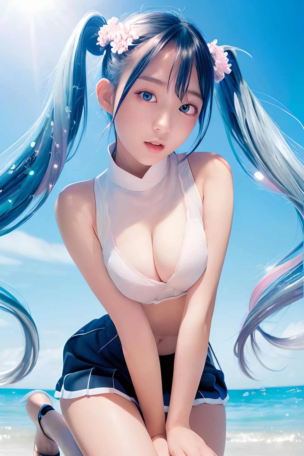 the beach、sand beach、shores、Raise one leg。Clear blue sky、Huza、all-fours、Seiza、Hands in the crotch、miku hatsune、Official art, ​masterpiece, Sharp Focus, (Beautiful gorgeous cute korean woman:1.3), (Beautiful cute korean woman:1.3), Korean  beauty, Delicate Beautiful Hair and Eyes and Face, realisitic, ultra-detailliert, a beauty girl, blue-sky, Glow white particles, (side lights:1.2), rays of sunshine, white clouds, Fine clouds, A slender, 1girl in, Dynamic Angle,Full body,   100-layers,masutepiece,supreme,best,amazinig,great,detail,Stylish,Illustration,action SHOT, aiming at viewer, hands on pockets, School uniform, Blunt bangs, Hairpin, Shy,superfine illustration,(((beautiful fine hair))),(((Beautiful Fine Face))),(((Beautiful fine background))),