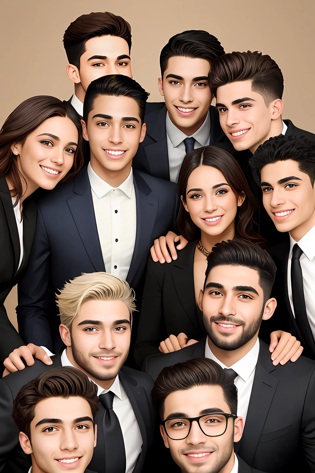 "Create a powerful and captivating portrait of a diverse group of Jewish young men, showcasing their strength, unity, and unique personalities. Capture their determination, pride, and resilience in the face of challenges, while highlighting their shared heritage and vibrant individuality. Emphasize their distinctive features, such as expressive eyes, well-groomed facial hair, and stylish attire. Surround them with a warm and supportive environment, symbolizing their close-knit community. Show them engaging in meaningful conversations, laughter, or engaging in cultural or educational activities. Enhance the composition with gentle lighting, subtle shadows, and a balanced color scheme that complements their skin tones. Celebrate their achievements, aspirations, and the bonds that unite them as they navigate their lives with confidence and purpose."