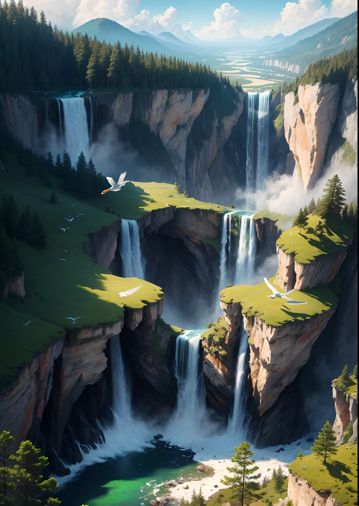 Flying on the cliff, above the very high waterfall, look down on the fluctuating pond, high sunlight, blue sky, white cloud, birds, forest, trees, 8K, masterpiece, best quality, high resolution, extremely full detailed