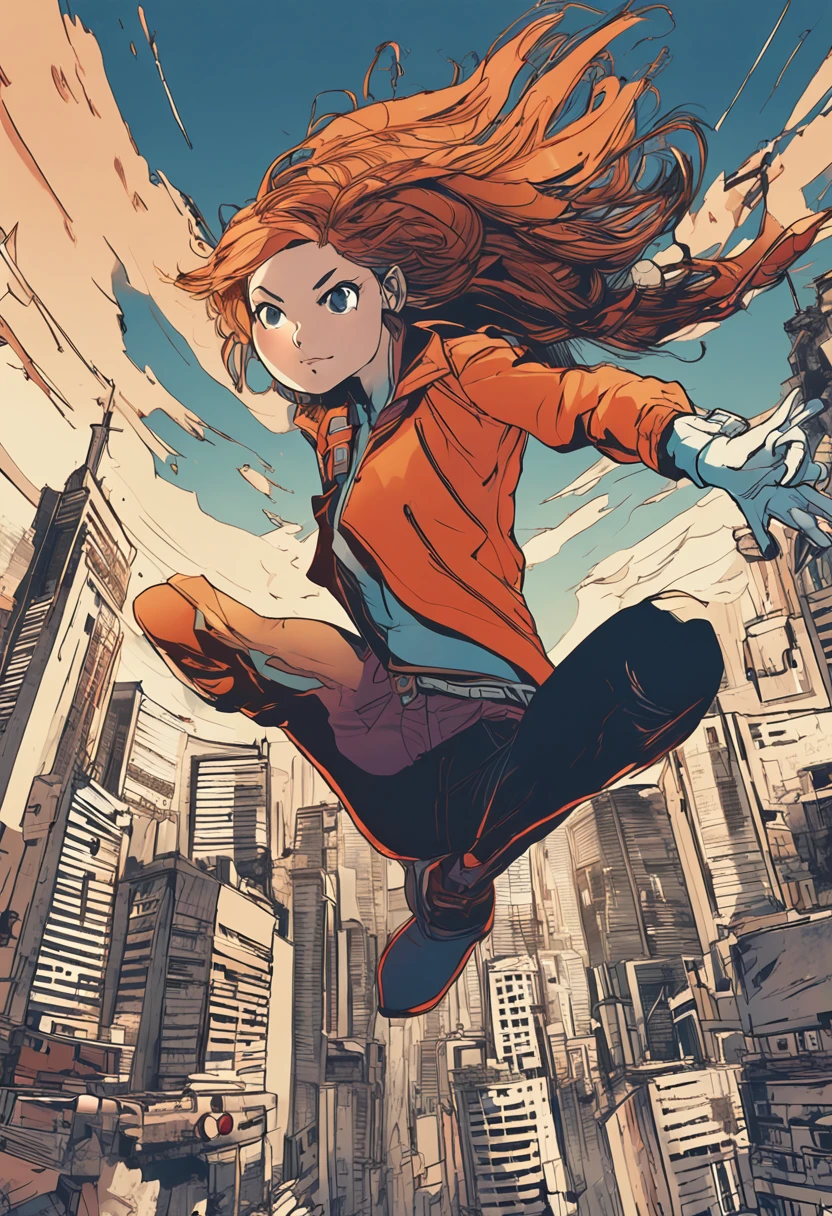 {{An energetic depiction of an}} anime girl seen from the back, mid-leap as she jumps off a crumbling tower. Her vibrant hair trails behind her, adding to the sense of motion. The cityscape sprawls below, a mix of futuristic skyscrapers and ancient architecture. This is a high-octane image that captures the girl's daring spirit in the face of danger. The environment/background should be an urban cityscape with a blend of old and new, creating a dynamic and exhilarating mood. The image should be a dynamic digital illustration, incorporating elements of Kazuma Kaneko's dynamic character poses. The extreme close-up shot, captured with a wide-angle lens, will provide an intense and dramatic view. The lighting should be dramatic and contrasty, accentuating the girl's silhouette against the city lights. The desired level of detail is impactful, with a 5000x3500 resolution, highlighting the intricate details of her clothing and the architectural elements. The goal is to create a pulse-pounding image that ignites excitement and awe.