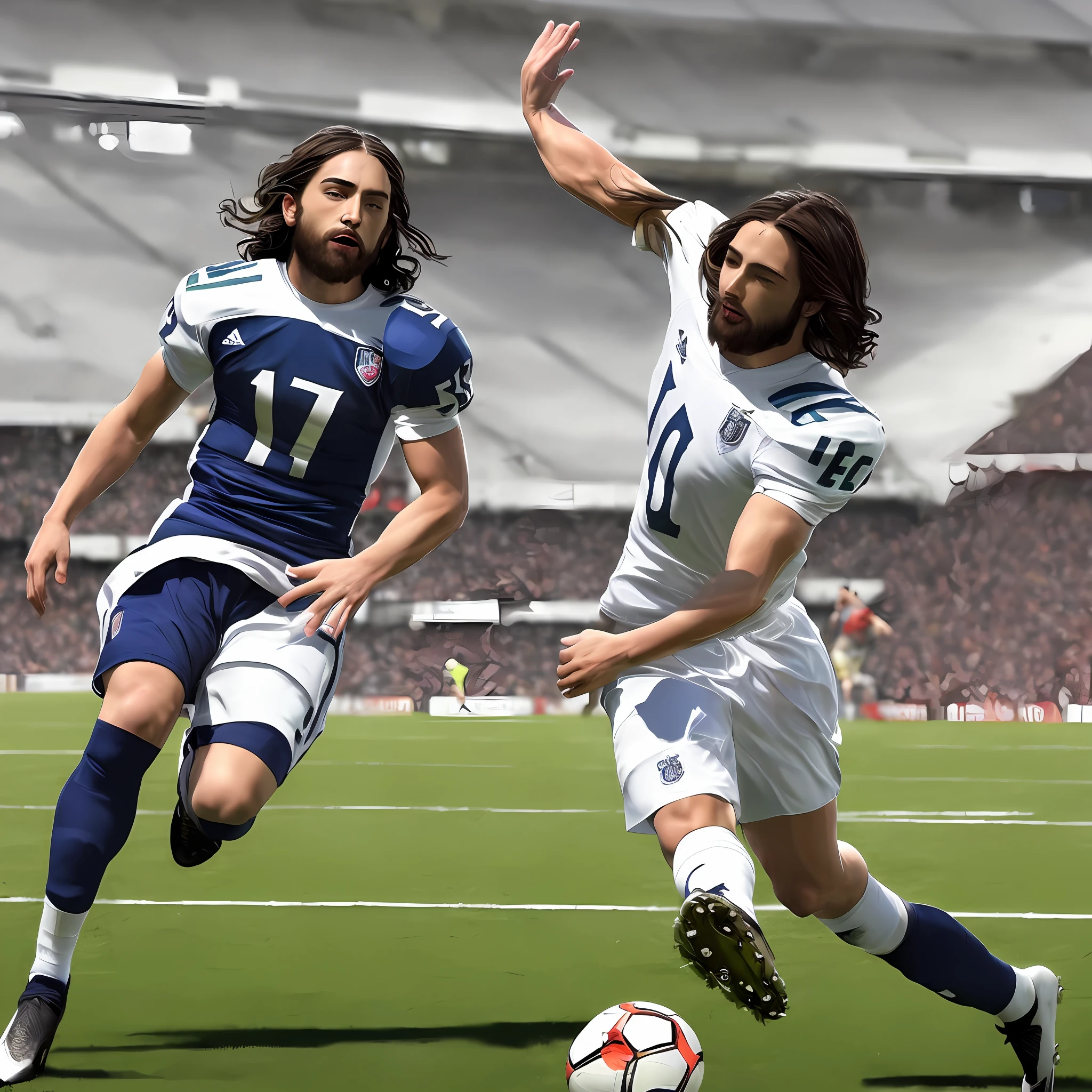 Create an image of Jesus Christ playing football with his apostles