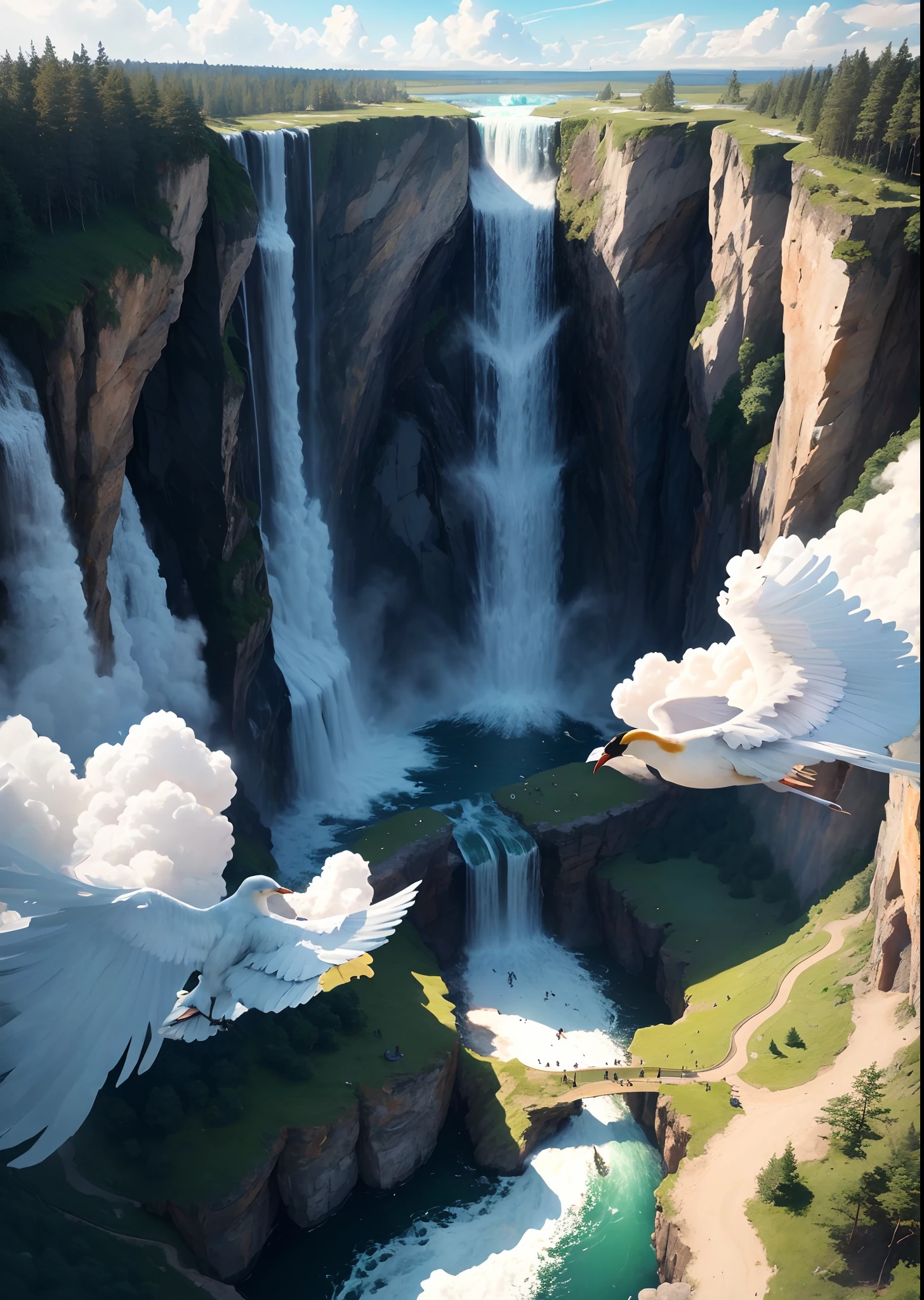 Flying on the cliff, above the very high waterfall, look down on the fluctuating pond, high sunlight, blue sky, white cloud, birds, forest, trees, 8K, masterpiece, best quality, high resolution, extremely full detailed