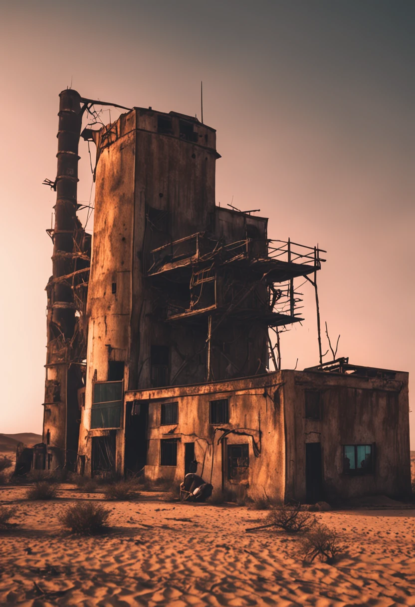 (Deserto isolado de areia:1.1)+(post-apocalyptic and horror atmosphere)+(Shadowy ruins of a factory in the desert at night)+(Tecnologia abandonada)
