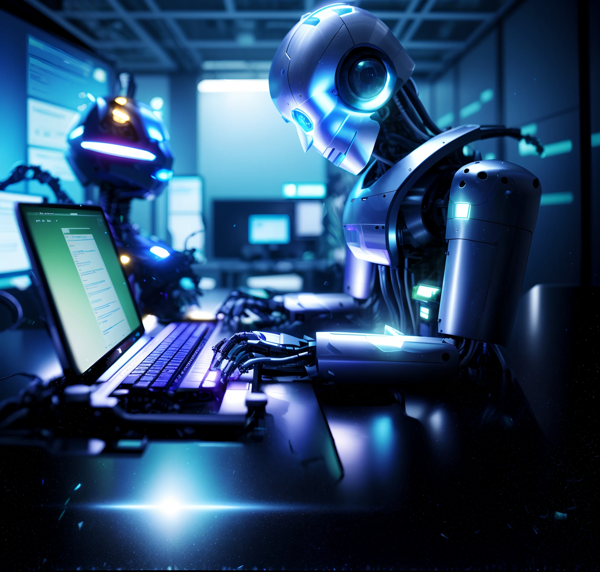 (obra prima) (incrivelmente detalhado) 8k, High-quality robot sitting at a desk typing on a laptop, close-up of a robot sitting down, strong artificial intelligence, Artificial intelligence, AI produzindo o realista, a still life of a robot, robot in a server room, ciborgues trabalhando, an alien working on a computer, Retrato de uma IA, robot in data center, Artificial intelligence!! 8k incrivelmente detalhado obra prima, alta qualidade, detalhado