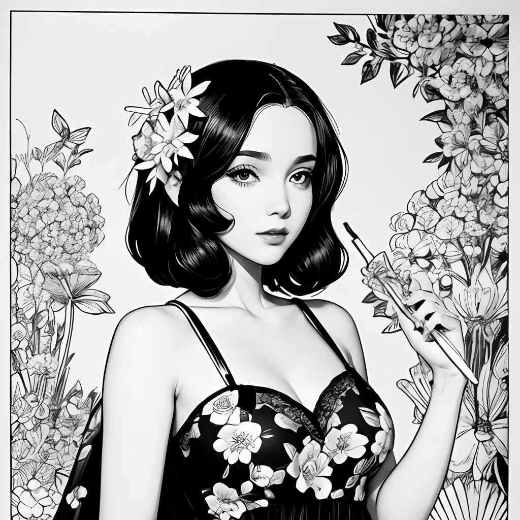 Black and white stick figure 1 girl with flowers, flowers in background, in dress with flowers, its fine ink line art, comic style, portrait of ploynesian girl, Marilyn Munroe, Hollywood glam, beautiful line art, black and white comic style, manga style, manga art style, pencil and ink caricature drawing, black and white coloring
