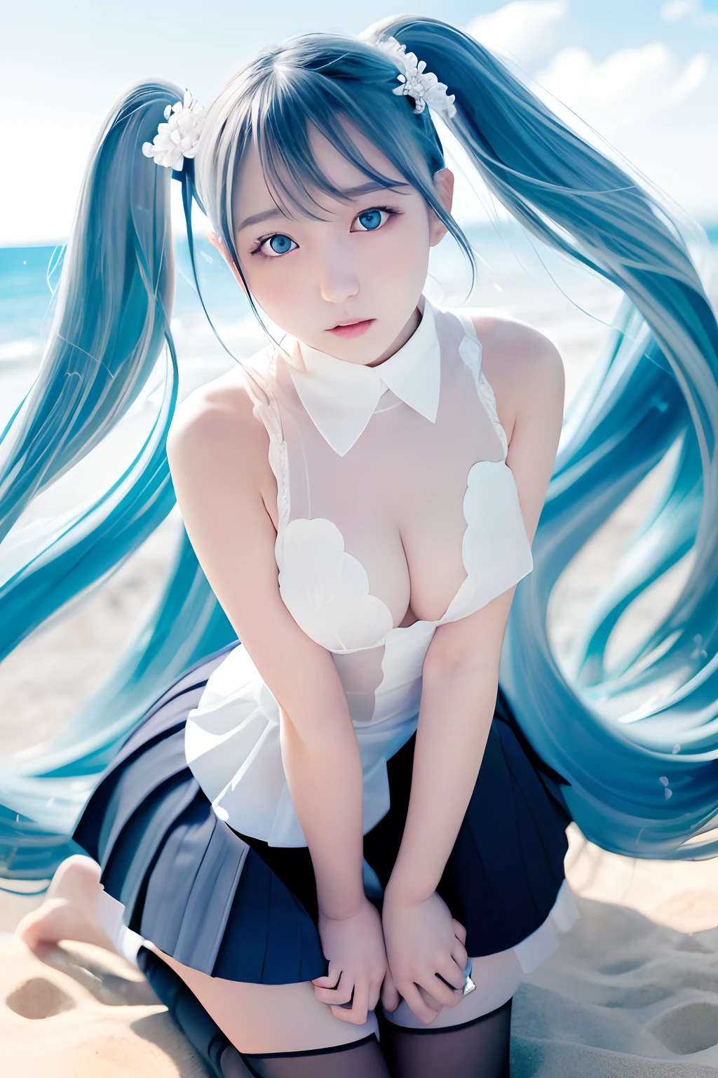 White blue sky、Strong sunshine in summer、the beach、sand beach、shores、Raise one leg。Clear blue sky、Huza、all-fours、Seiza、Hands in the crotch、miku hatsune、Official art, ​masterpiece, Gothic lolita、foco nítido, (Beautiful gorgeous cute korean woman:1.3), (Beautiful cute korean woman:1.3), Korean  beauty, Delicate Beautiful Hair and Eyes and Face, realisitic, ultra-detailliert, a beauty girl, blue-sky, Glow white particles, (side lights:1.2), rays of sunshine, white clouds, Fine clouds, A slender, 1girl in, Dynamic Angle,Full body,   100-layers,masutepiece,supreme,best,amazinig,great,detail,Stylish,Illustration,action SHOT, aiming at viewer, hands on pockets, School uniform, Blunt bangs, Hairpin, Shy,superfine illustration,(((beautiful fine hair))),(((Beautiful Fine Face))),(((Beautiful fine background))),