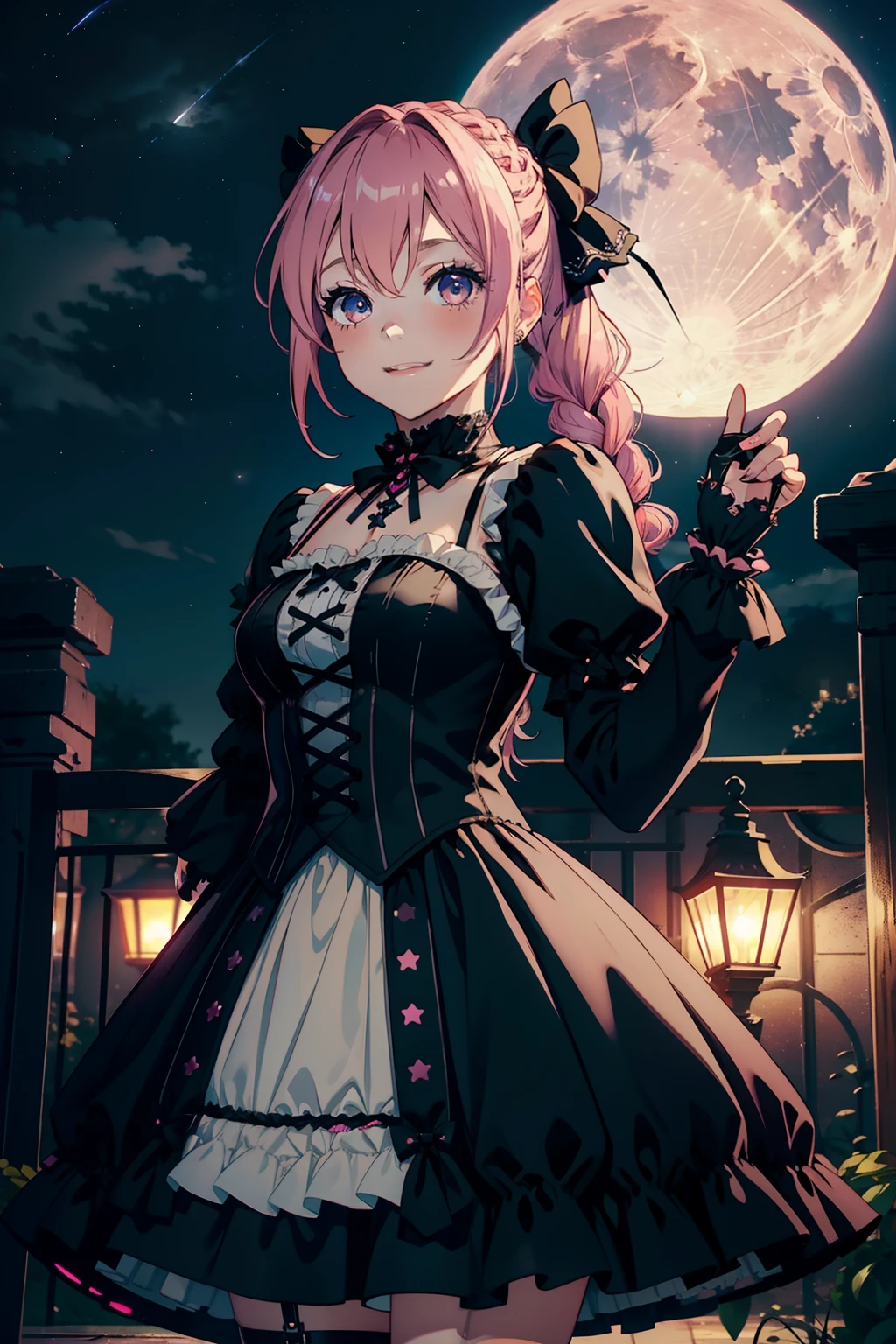 young girl, pink hair, serah farron, side braided ponytail hair style gothic lolita style, lolita black dress, black gloves, in the night, smiling, yellow full moon, stars, 4k, maserpiece