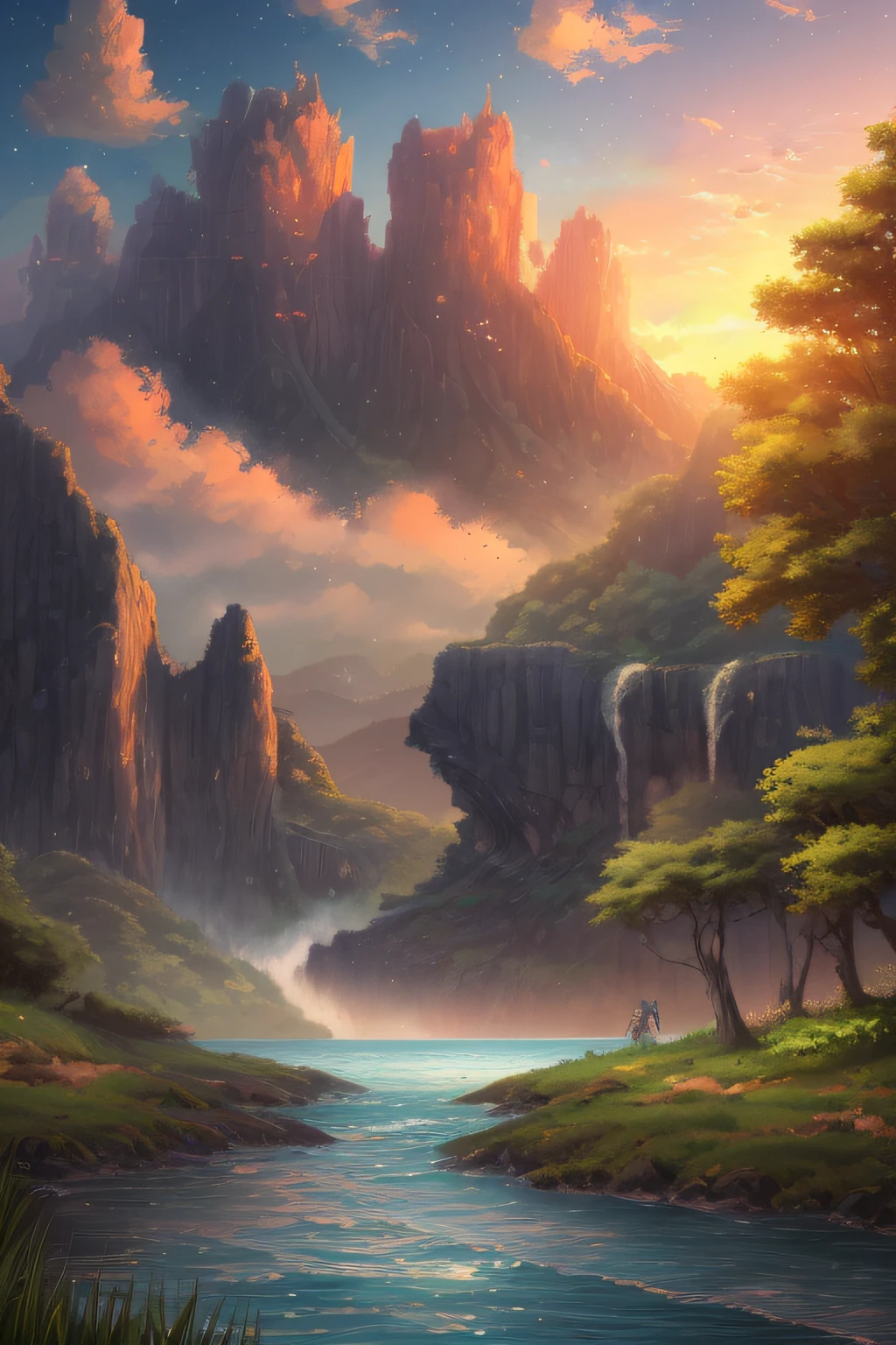 A highly detailed anime illustration,
landscape,
vintage, dreamy,  drawing, trending on artstation, UHD, (((by Quentin de Warren))):1.8, atmosphere, luminosity