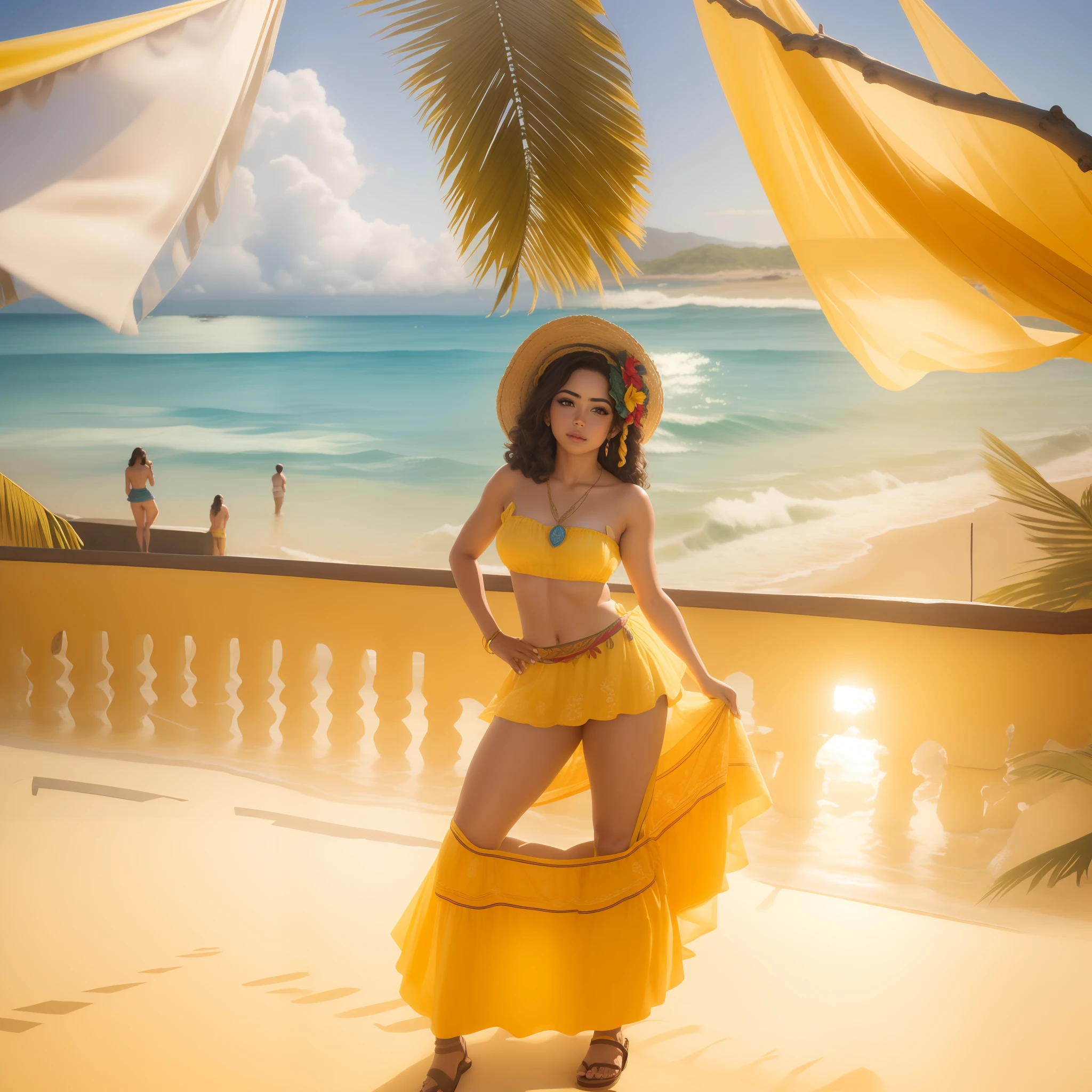 mulher alegre, semblante de felicidade, in the sunny morning, com o mar ao fundo, em um vestido amarelo sentado em uma cadeira de metal gigante, usando um vestido havaiano, Moana, Ilha Grande, posando em waikiki, Obra-prima maravilhosa, com tridente e coroa, pose divertida, posando de rainha, sentado no intrincado trono, polynesian style, Photo Session, segurando tridente, grande obra-prima, photo shoot, Posando!!, Isabela Moner, TV ainda