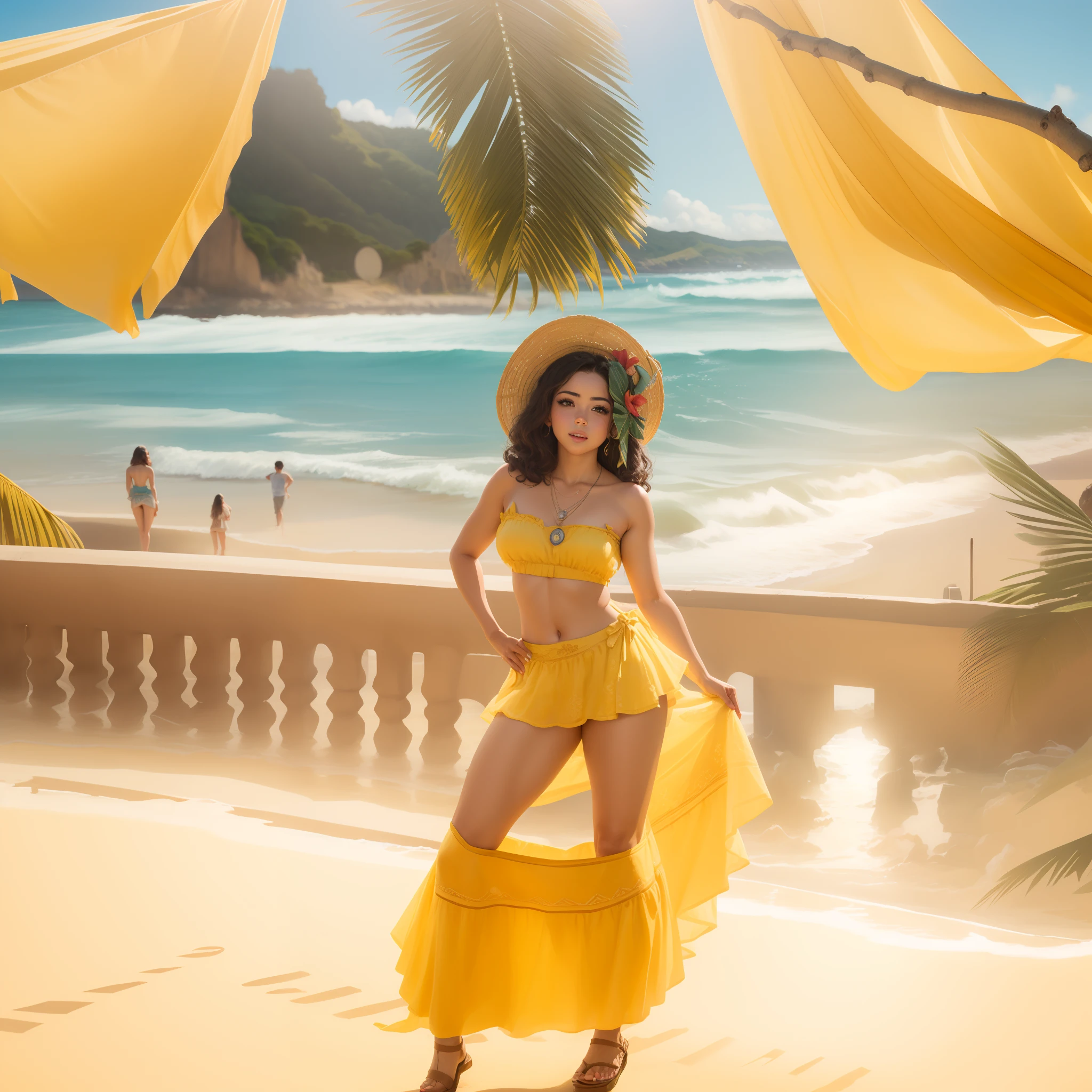 mulher alegre, semblante de felicidade, in the sunny morning, com o mar ao fundo, em um vestido amarelo sentado em uma cadeira de metal gigante, usando um vestido havaiano, Moana, Ilha Grande, posando em waikiki, Obra-prima maravilhosa, com tridente e coroa, pose divertida, posando de rainha, sentado no intrincado trono, polynesian style, Photo Session, segurando tridente, grande obra-prima, photo shoot, Posando!!, Isabela Moner, TV ainda