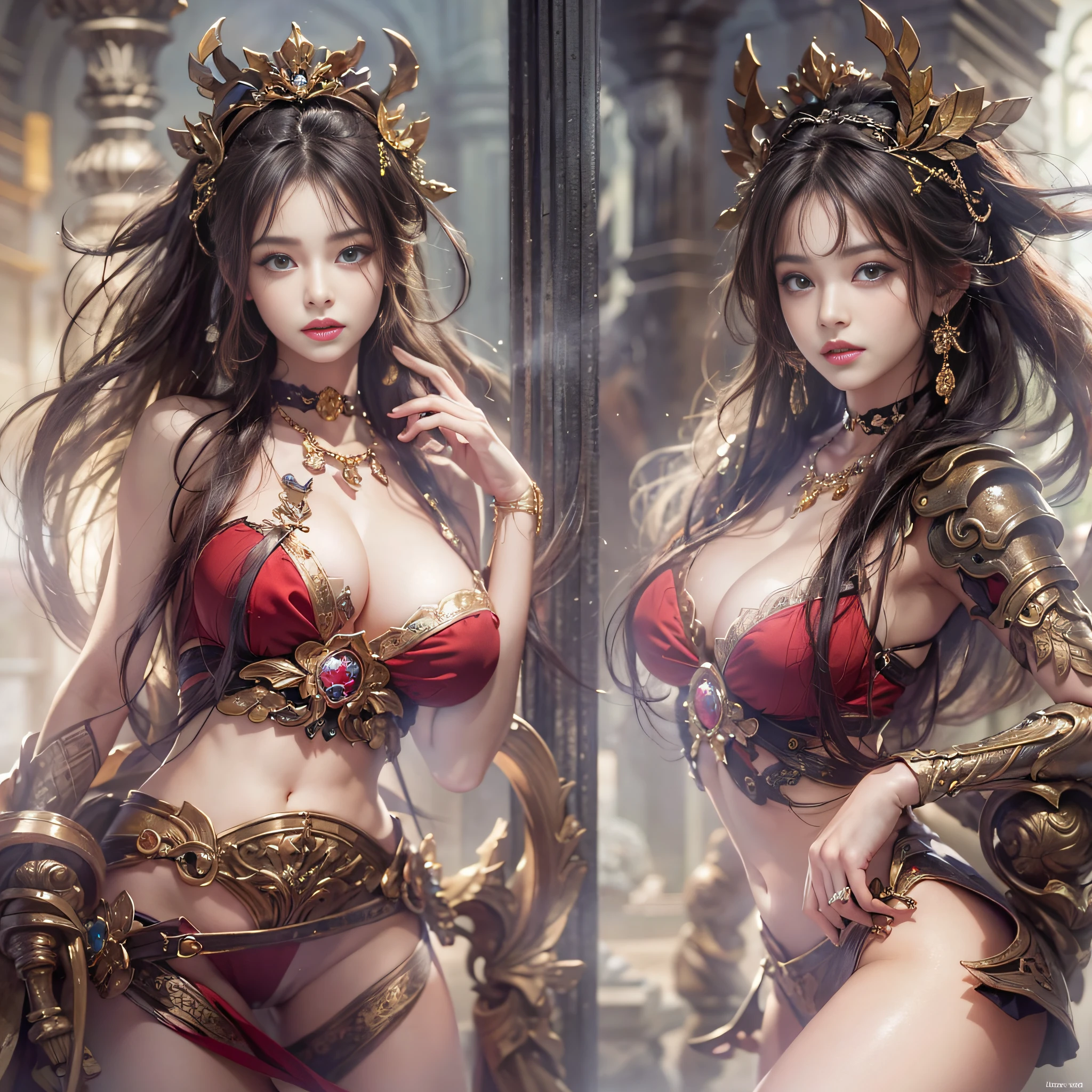 ((masterpiece:1.4)、(top-quality:1.4)、(reallistic:1.7))、a beauty girl、Super sexy girl、Super beautiful girl、((1girl in:1.4))、Shiny natural skin texture、By Luis Royo、age19、Super Ultra Ultra Bikini、Cute tattoos、(Two arms:1.4、Two legs:1.4)、(perfect anatomia:1.4)、(Perfect female body:1.4)、Portrait photo of a girl、Soft front light、beautiful countenance、kawaii faces、Beautiful udder、Colossal tits、Beautiful ass、A detailed eye、Draw eyes clearly and beautifully、beautidful eyes、Narrow waist、Raw photo、red-lips、Red high heels、a choker、a necklace、耳Nipple Ring、1 screen display、Ancient city ruins