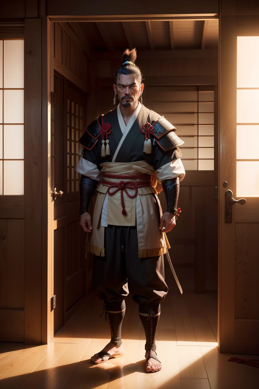 Samurai homem, Front view, olhar focado refletindo tudo, (obra-prima) (8k high resolution) (melhor qualidade) (Ultra Definition) (Ultra realista)(Foto RAW) (Foto realista) (bright illumination)