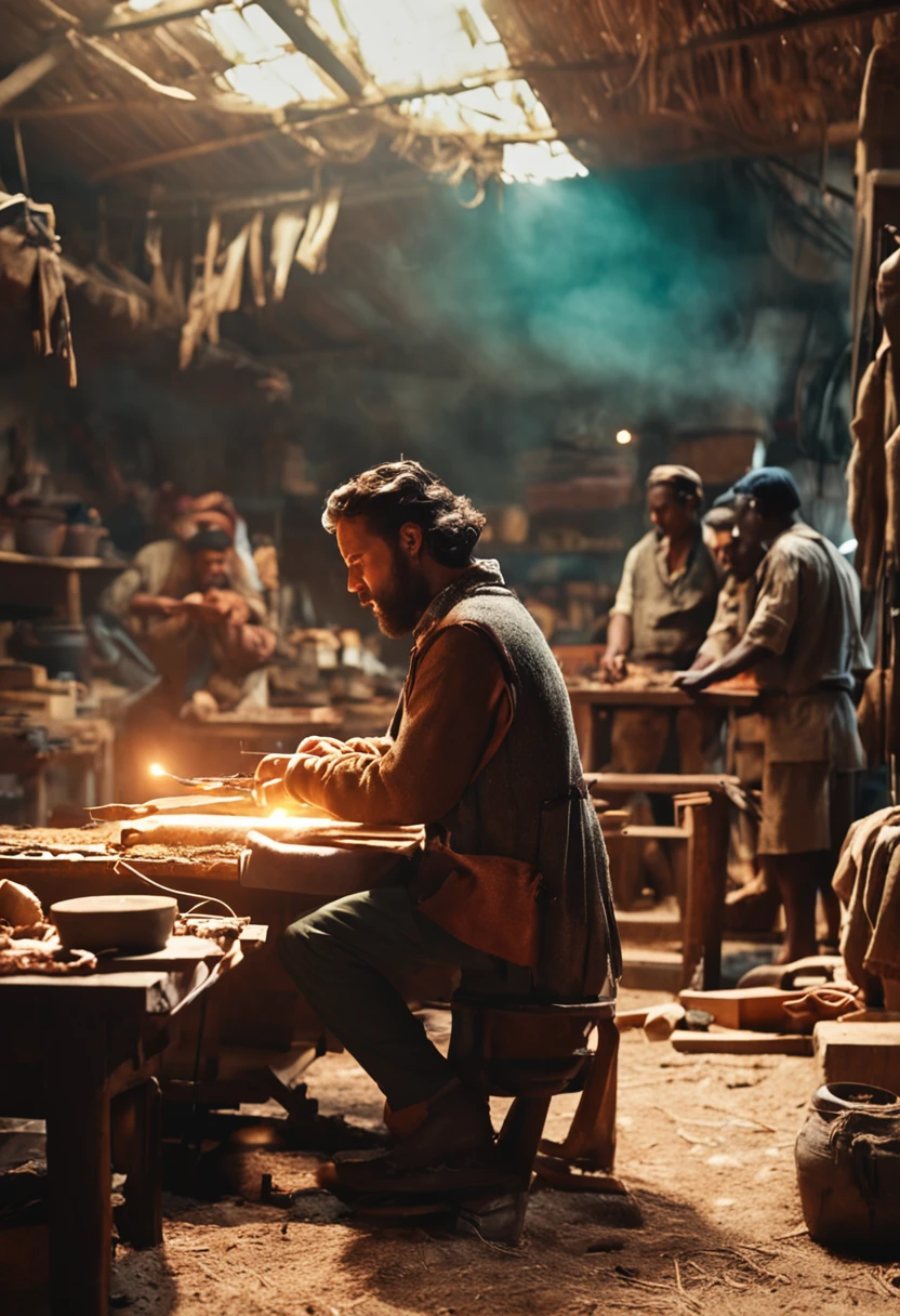 Liam, desanimado, watching the experienced artisans working in their workshop