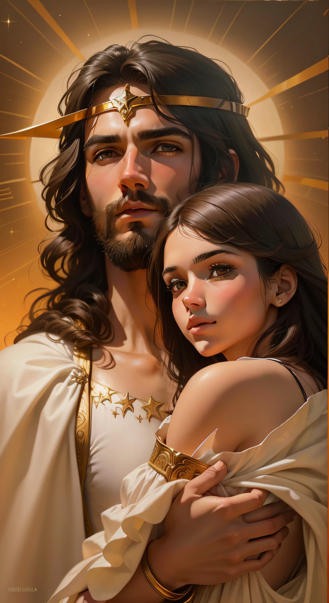 Jesus Cristo guerreiro com jovem menina loira, Christian art, de alta qualidade, altamente detalhado, (corpos celestiais sensuais), pintura, no estilo de Boris Vallejo.