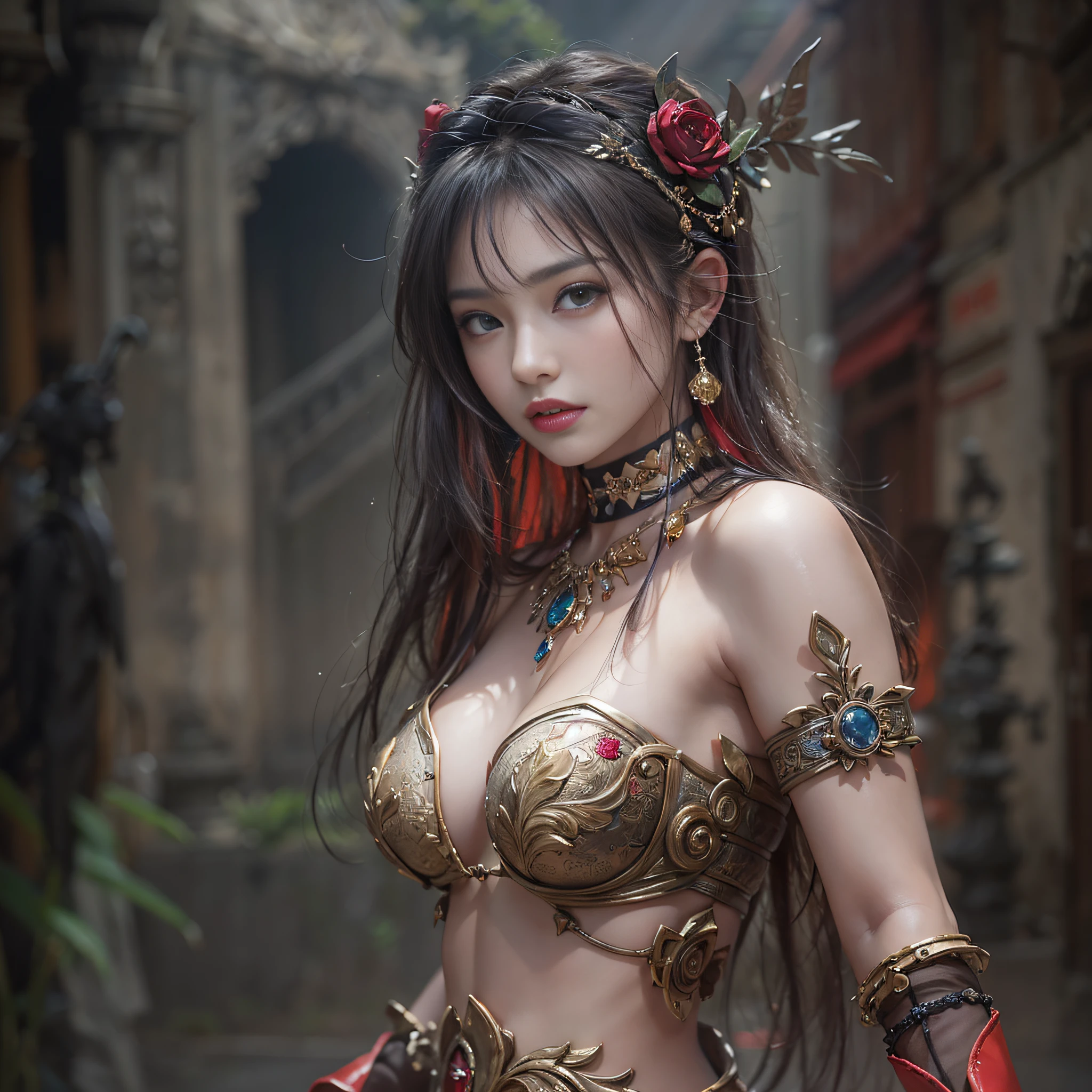 ((masterpiece:1.4)、(top-quality:1.4)、(reallistic:1.7))、a beauty girl、Super sexy girl、Super beautiful girl、((1girl in:1.4))、Shiny natural skin texture、By Luis Royo、age19、Super Ultra Ultra Bikini、Cute tattoos、(Two arms:1.4、Two legs:1.4)、(perfect anatomia:1.4)、(Perfect female body:1.4)、Portrait photo of a girl、Soft front light、beautiful countenance、kawaii faces、Beautiful udder、Colossal tits、Beautiful ass、A detailed eye、Draw eyes clearly and beautifully、beautidful eyes、Narrow waist、Raw photo、red-lips、Red high heels、a choker、a necklace、耳Nipple Ring、1 screen display、Ancient city ruins