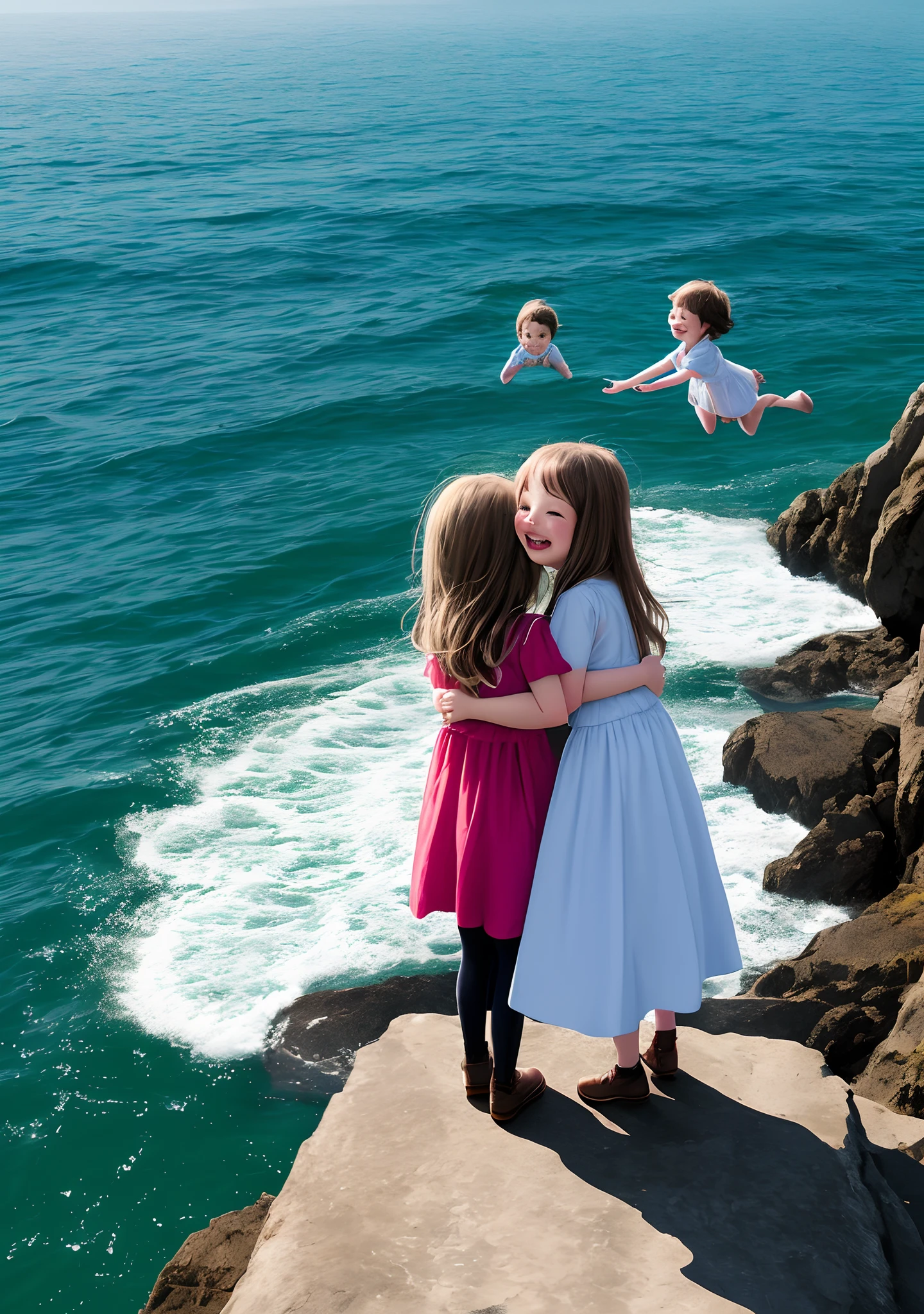 Create an image of two children embraced and happy on the edge of the sea