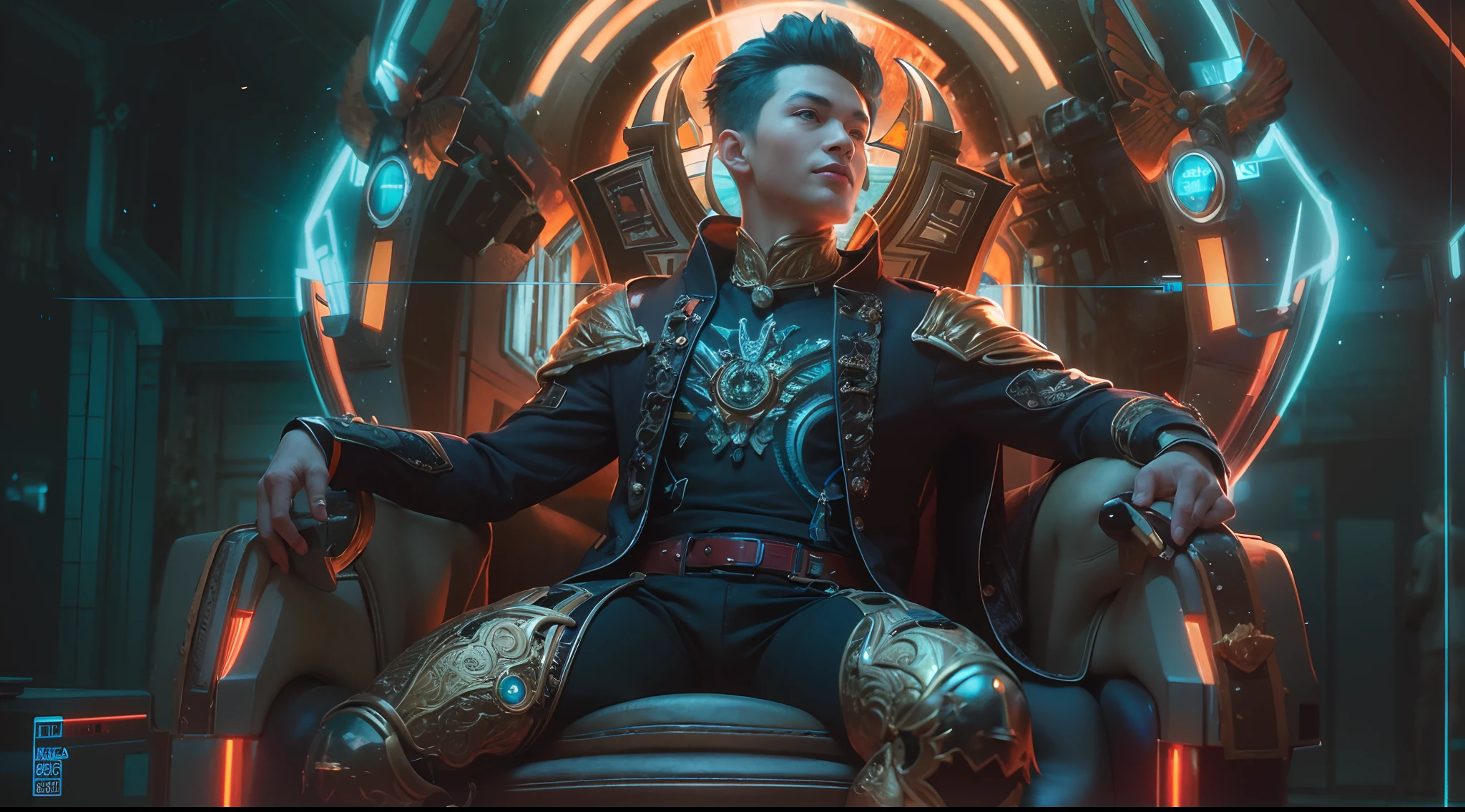 1boy, photo of handsome smiling young 25-year-old male Chinese prince sitting on his throne, clothed in futuristic cybernetic armor, wearing large futuristic crown, sci-fi, intricate, very very handsome, suave, neon light, ((perfect face)), ((perfect hands)), ((perfect body)), ((correct anatomy)), ((ultra-realistic)), ((8k, UHD)), highly detailed, digital painting, artstation, concept art, human anatomy, soft light, smooth, illustration, art by tian zi and craig mullins and WLOP and alphonse mucha