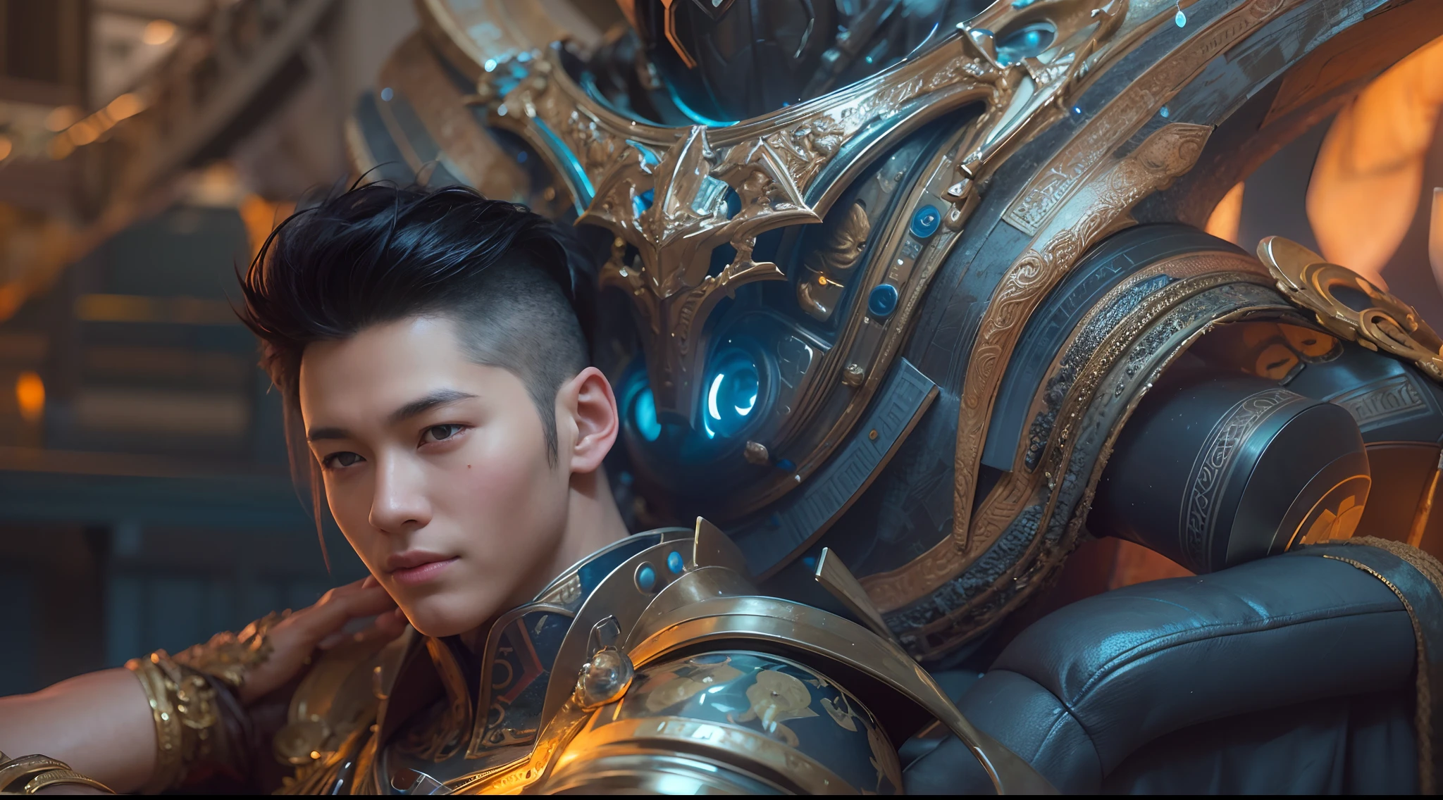 1boy, photo of handsome smiling young 25-year-old male Chinese prince sitting on his throne, clothed in futuristic cybernetic armor, wearing large futuristic crown, sci-fi, intricate, very very handsome, suave, neon light, ((perfect face)), ((perfect hands)), ((perfect body)), ((correct anatomy)), ((ultra-realistic)), ((8k, UHD)), highly detailed, digital painting, artstation, concept art, human anatomy, soft light, smooth, illustration, art by tian zi and craig mullins and WLOP and alphonse mucha