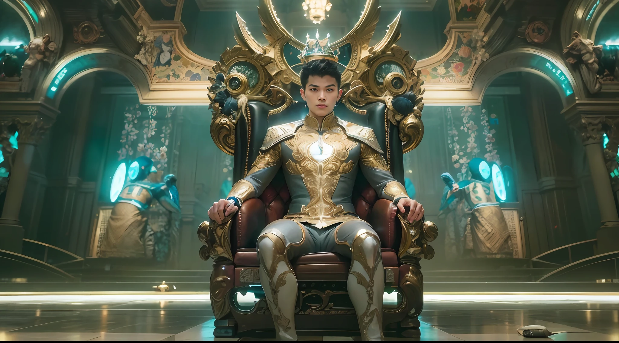 1boy, photo of handsome smiling young 25-year-old male Chinese prince sitting on his throne, clothed in futuristic cybernetic armor, wearing large futuristic crown, sci-fi, intricate, very very handsome, suave, neon light, ((perfect face)), ((perfect hands)), ((perfect body)), ((correct anatomy)), ((ultra-realistic)), ((8k, UHD)), highly detailed, digital painting, artstation, concept art, human anatomy, soft light, smooth, illustration, art by tian zi and craig mullins and WLOP and alphonse mucha