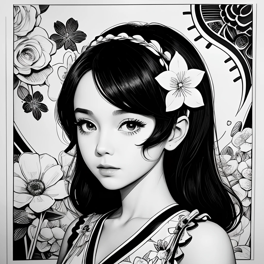 Black and white stick figure 1 girl with flowers,  lots of flowers in background, loli in dress with flowers, its fine ink line art, comic style, portrait of ploynesian girl, Marilyn Munroe, Hollywood glam, beautiful line art, black and white comic style, manga style, manga art style, pencil and ink caricature drawing, black and white coloring