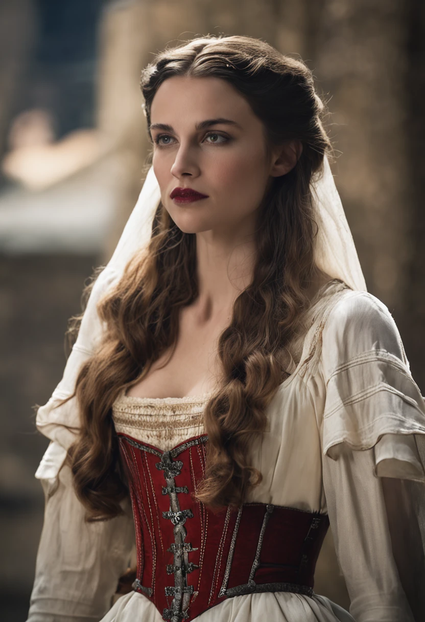 Portrait of a very beautiful young medieval woman Mirena from the movie Dracula indescribable (2014), A feminine image of Mirena from the movie Dracula indescribable (2014), A very beautiful and skinny face for Sarah Jadon., Long thick blond hair, Her hair shines with gold., Wearing a beautiful medieval European outfit , White linen shirt with elbow sleeves, Dark grey and tight corset, Dracula Android's low and wide red leather belt around her waist (2014), eyes blue, Dark gray shades on her eyelids, Long thick black eyelashes, Protruding cheekbones, Beautiful sensual red lips, Around the 15th century, Middle Ages, This woman is twenty-six years old -